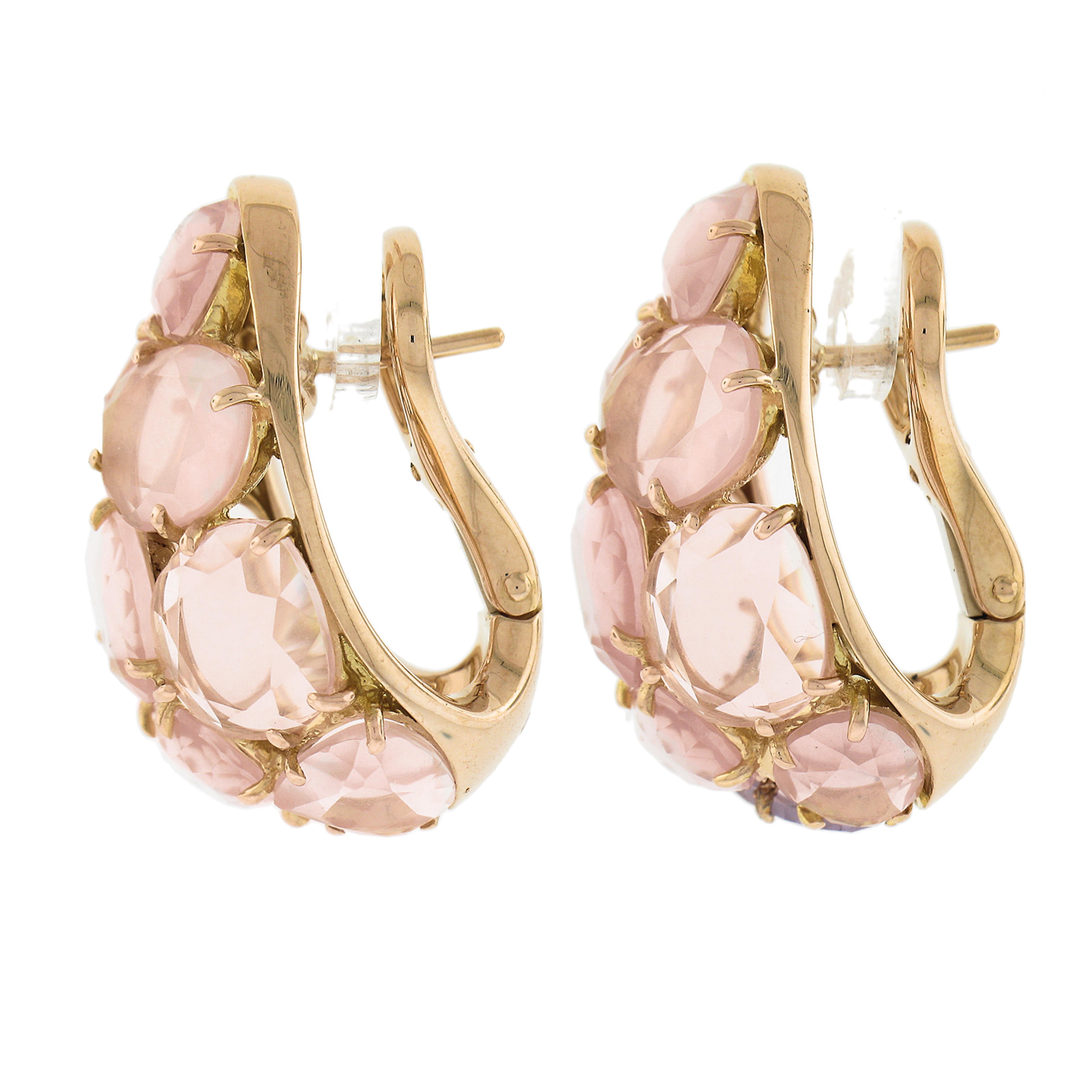 Pomellato 18k Rosy Yellow Gold Rose Quartz Mosaic Cuff Bombe Omega Earrings In Excellent Condition For Sale In Montclair, NJ