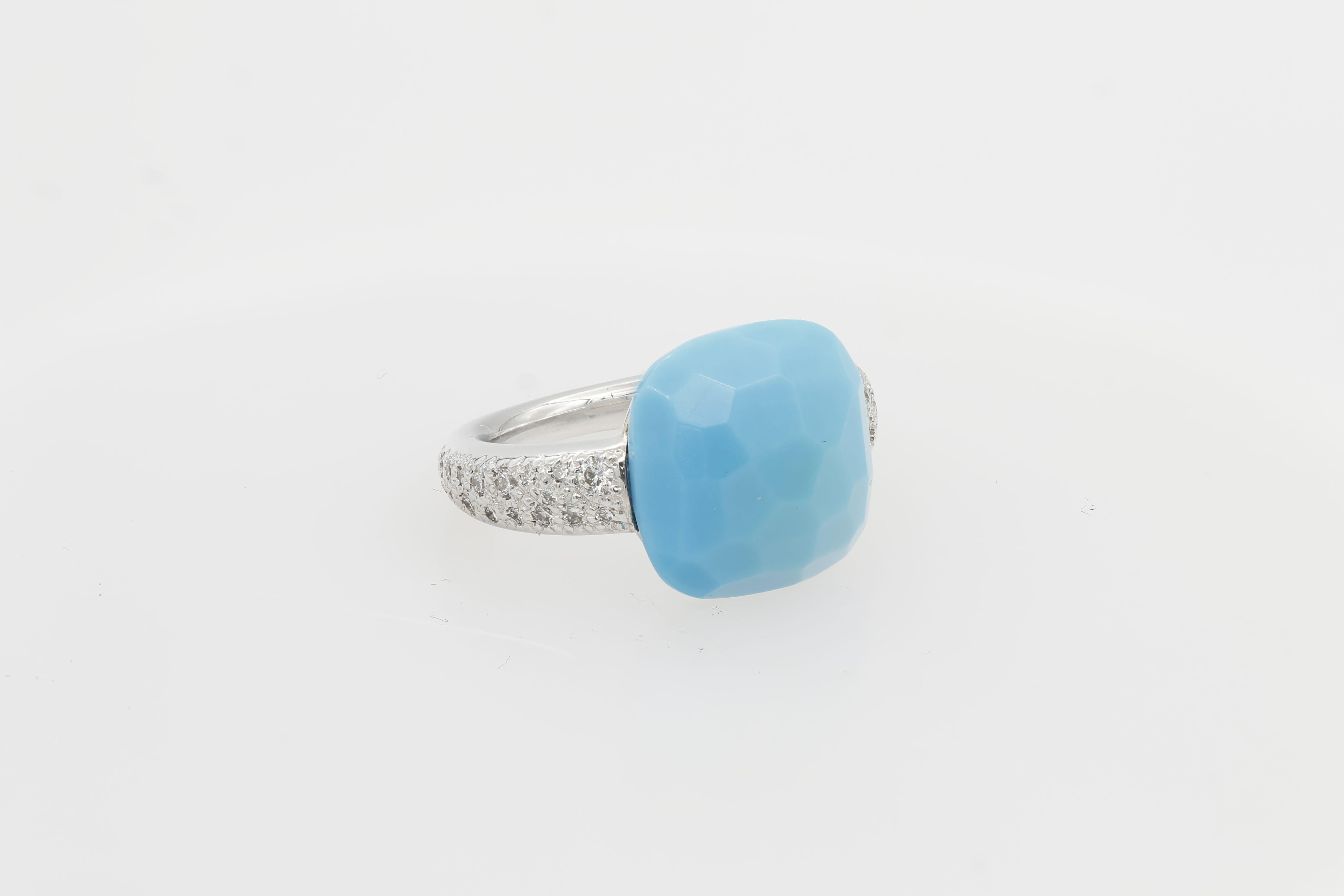 Pomellato 18 Karat White Gold Diamond and Turquoise Capri Ring In Excellent Condition In New York, NY