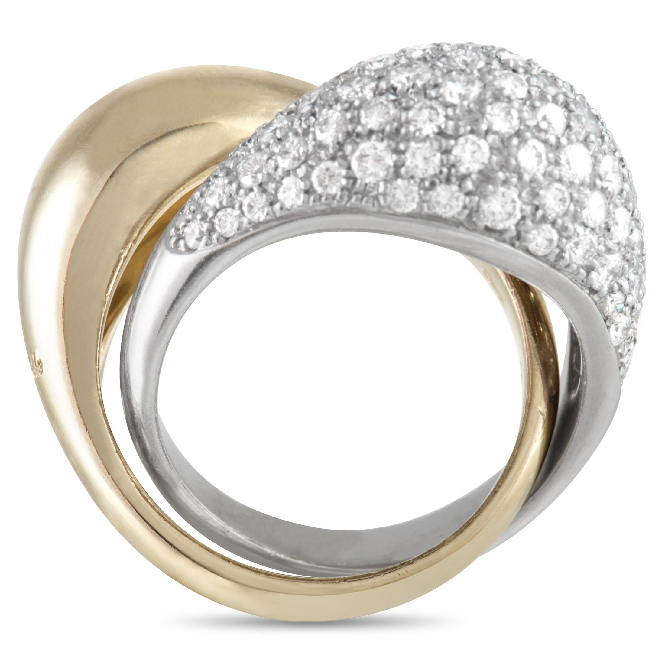 A bold yet delicate creation, this Pomellato piece features two curvy bands coming together to form one statement-making ring. Inspired by natural, organic curves, the ring features a highly polished yellow gold band and a polished white gold band