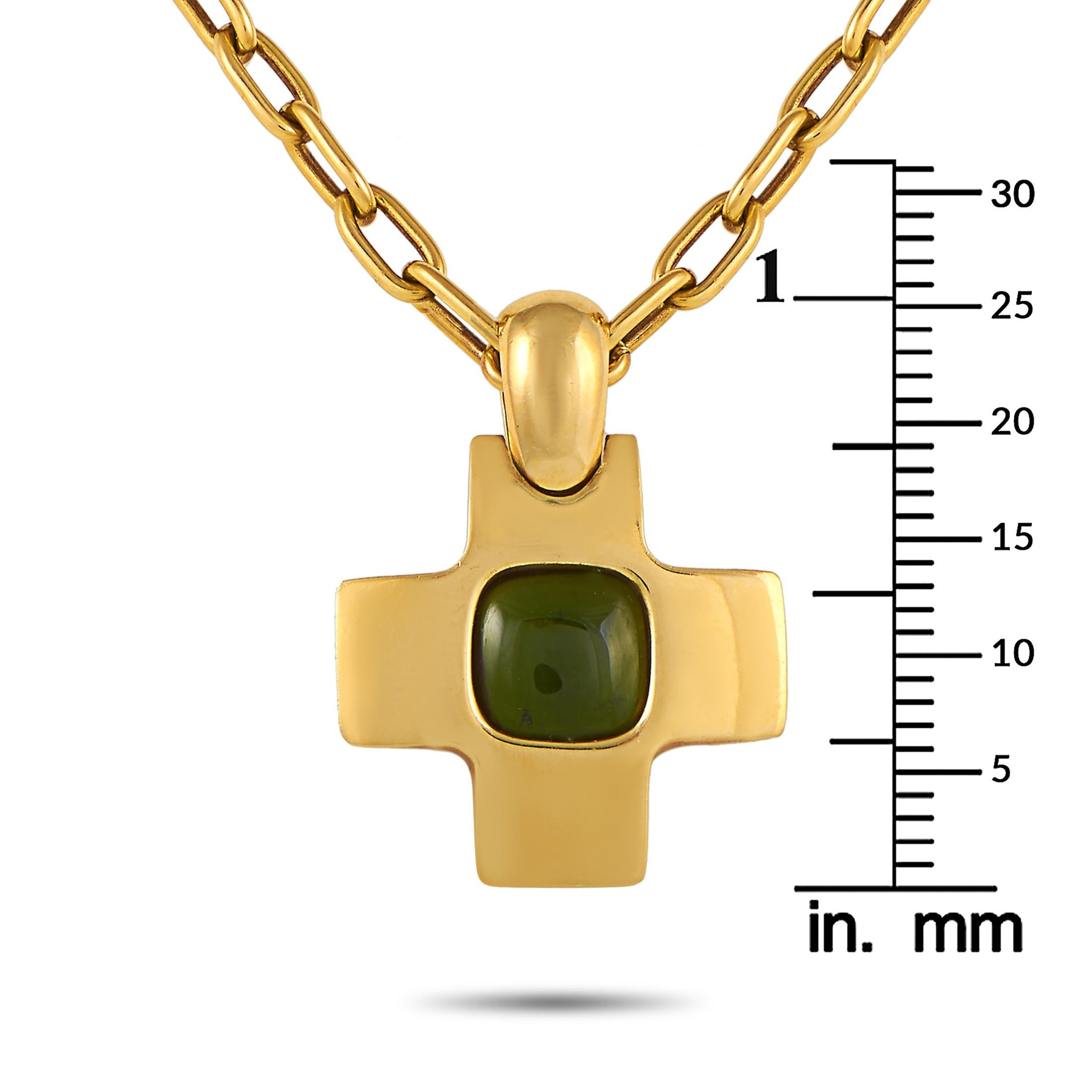 Pomellato 18 Karat Yellow Gold and Green Tourmaline Cross Pendant Chain Necklace In Excellent Condition In Southampton, PA