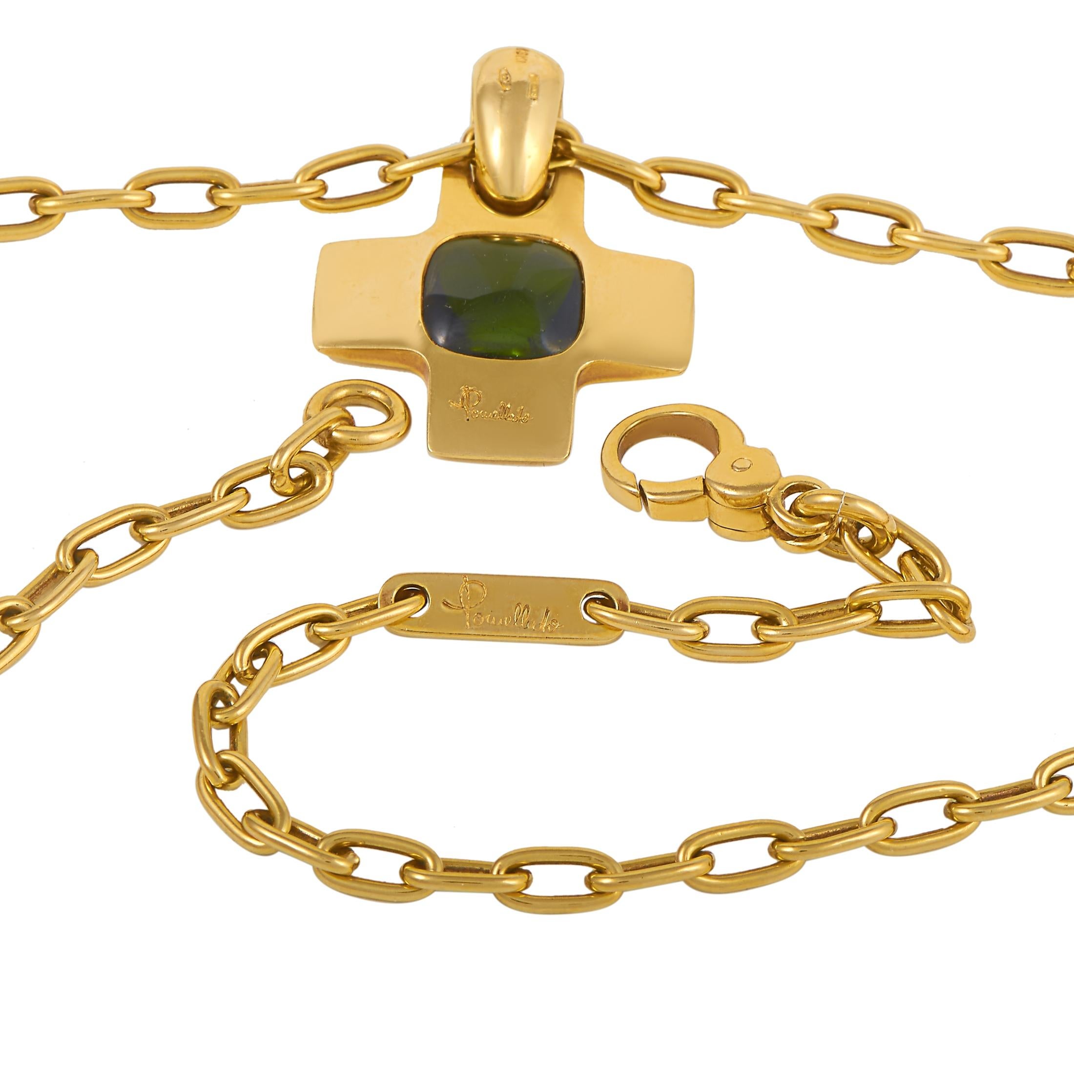 Women's Pomellato 18 Karat Yellow Gold and Green Tourmaline Cross Pendant Chain Necklace