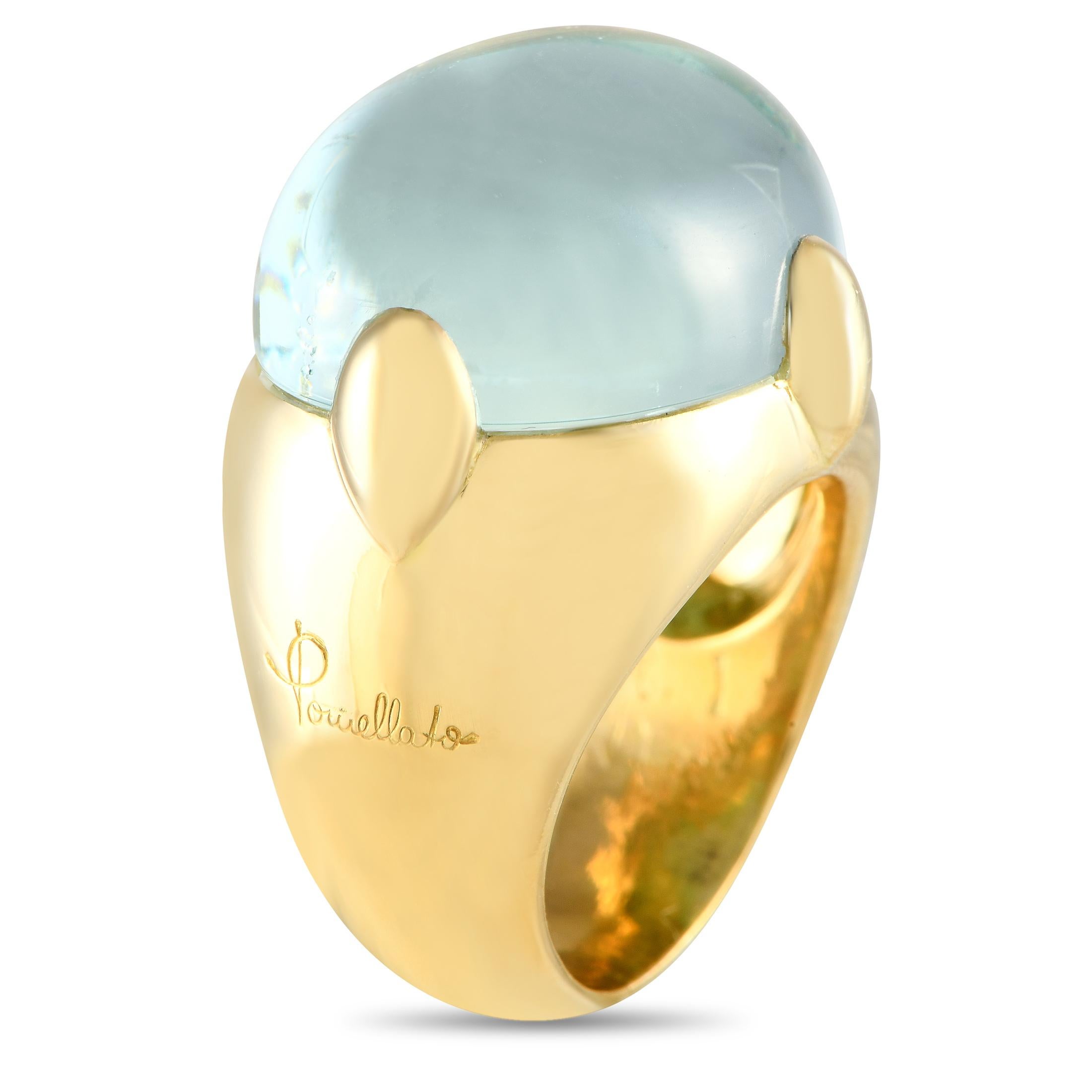 At the center of this exquisite 18K yellow gold Pomellato ring, a breathtaking aquamarine gemstone takes center stage. Simple, elegant, and impossible to ignore, this ring features an 8mm wide band and a bold 12mm top height.This jewelry piece is