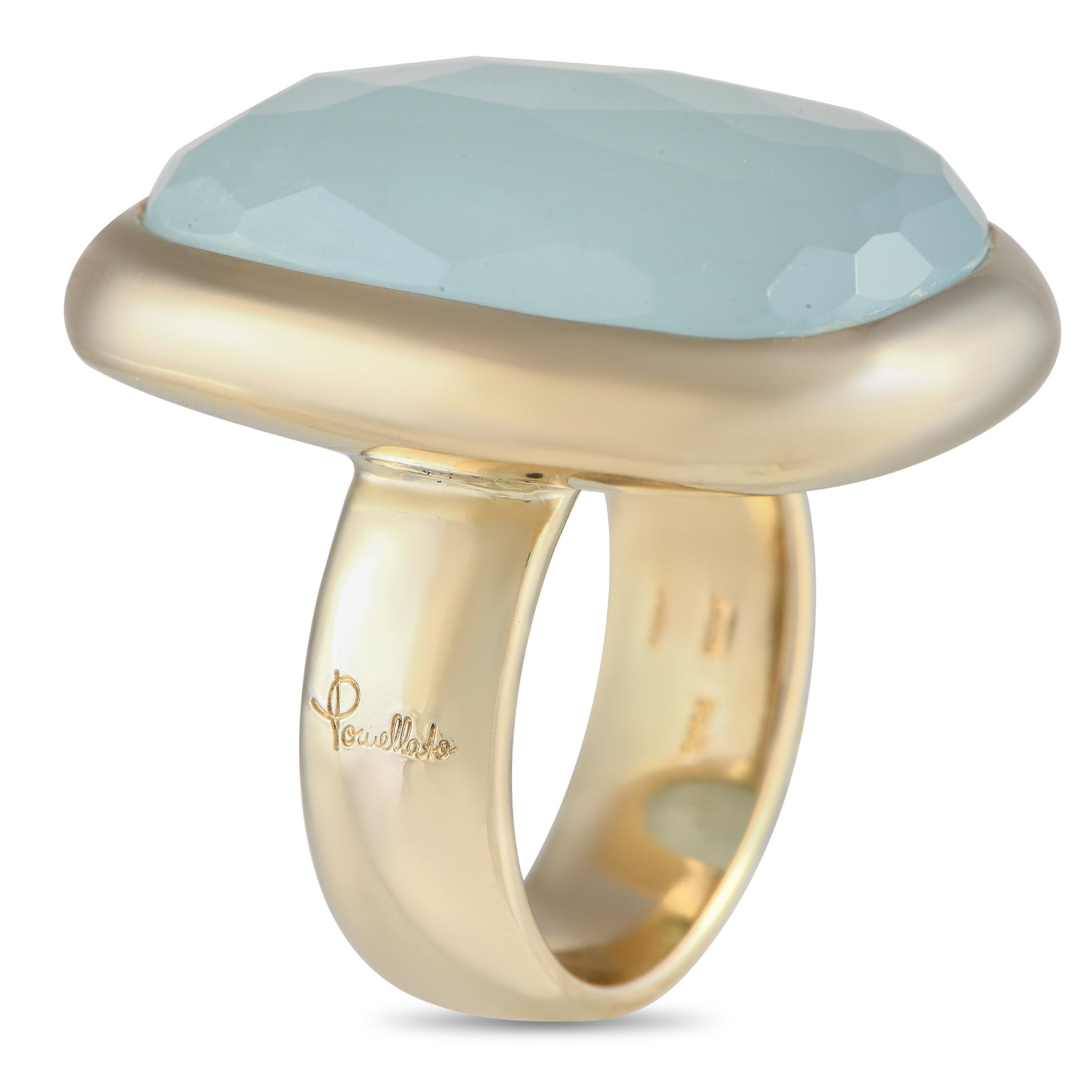 A breathtaking Aquamarine gemstone serves as a stunning focal point at the center of this impeccably crafted Pomellato ring. This piece’s minimalist 18K Yellow Gold setting features a 6mm band width and a 10mm top height. 