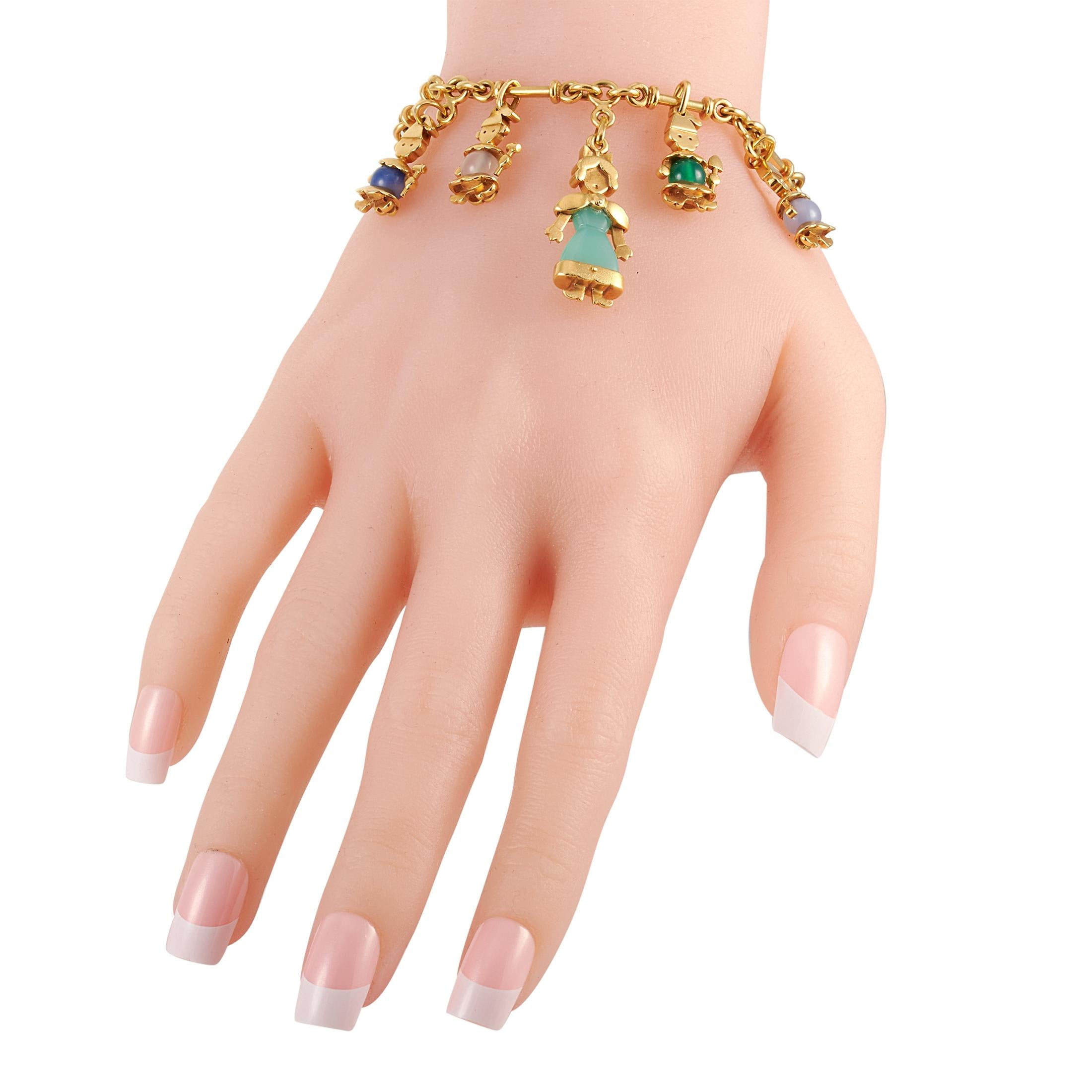 This Pomellato charm bracelet with Snow White and The Seven Dwarfs motifs is made of 18K yellow gold and features eight differently colored chalcedony stones. The bracelet weighs 45 grams and measures 7” in length.
 
 Offered in estate condition,