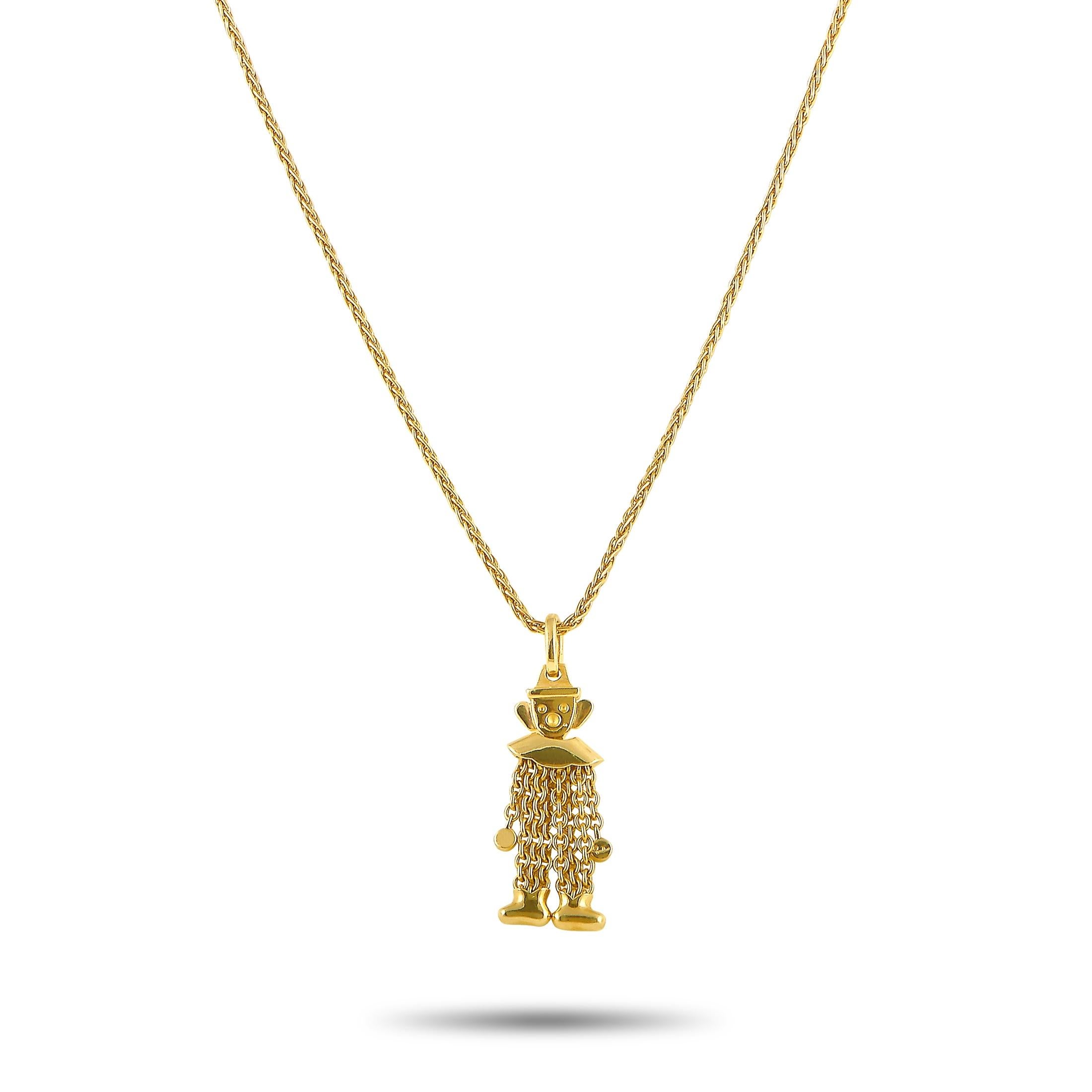 This Pomellato necklace is made of 18K yellow gold and weighs 25 grams. The necklace is presented with a 16” chain and a clown pendant that measures 2” in length and 0.50” in width.
 
 Offered in estate condition, this jewelry piece includes the
