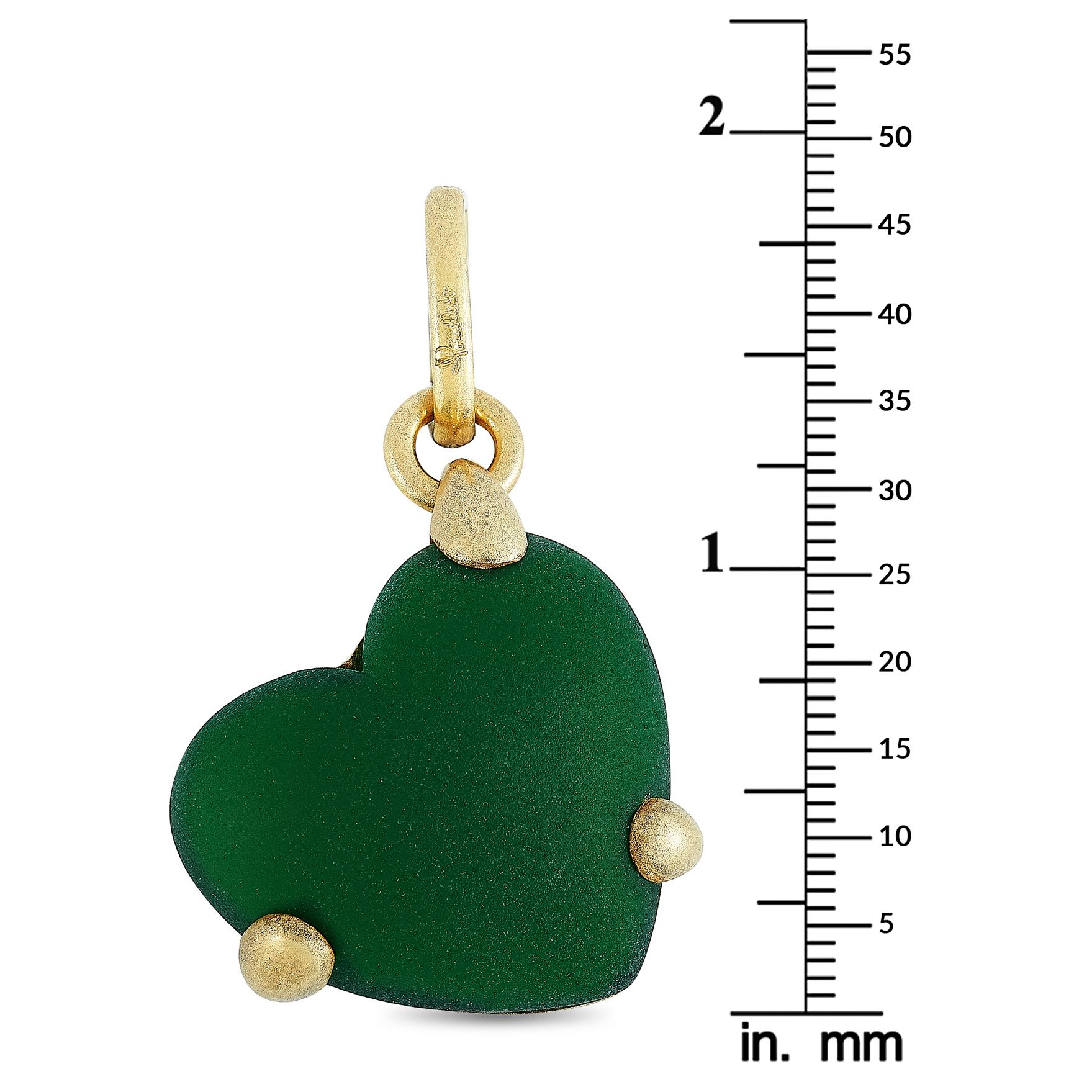 This Pomellato pendant is made out of 18K yellow gold and malachite and weighs 23 grams. The pendant measures 1.87” in length and 1.12” in width.

Offered in estate condition, this item includes the manufacturer’s box.