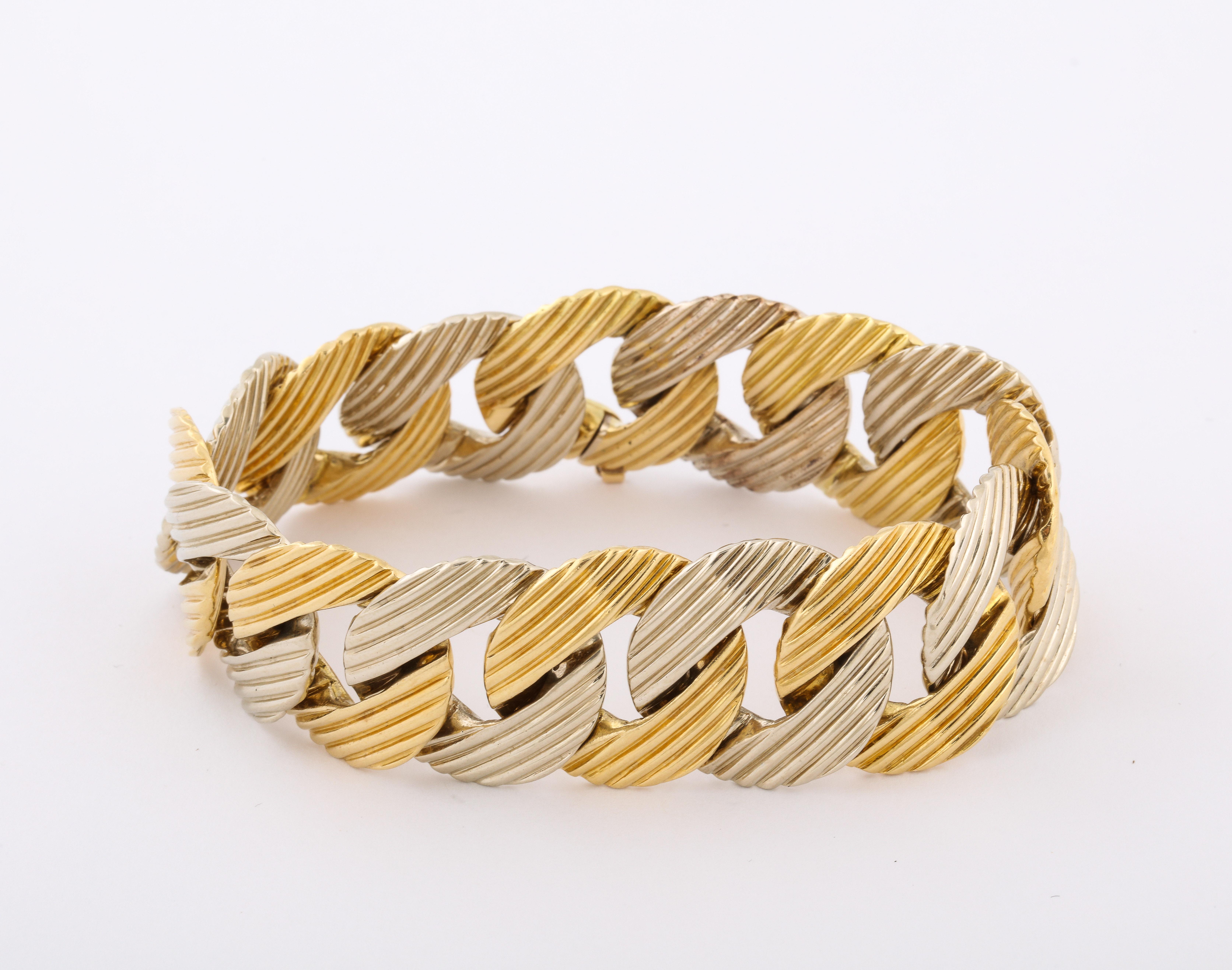 Pomellato 1970er Jahre zweifarbiges geripptes Gliederarmband aus Gold 1
