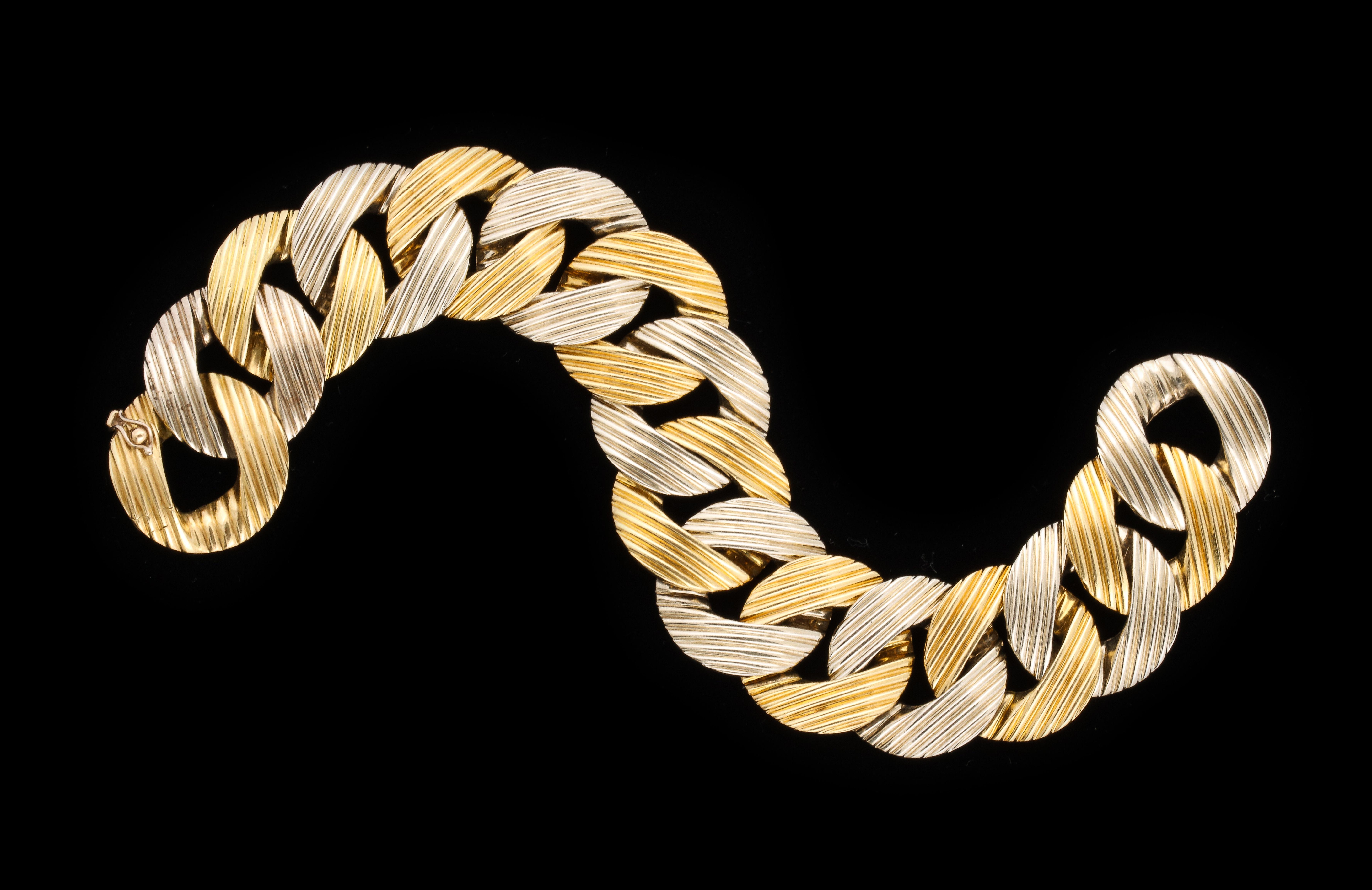Pomellato 1970er Jahre zweifarbiges geripptes Gliederarmband aus Gold 5