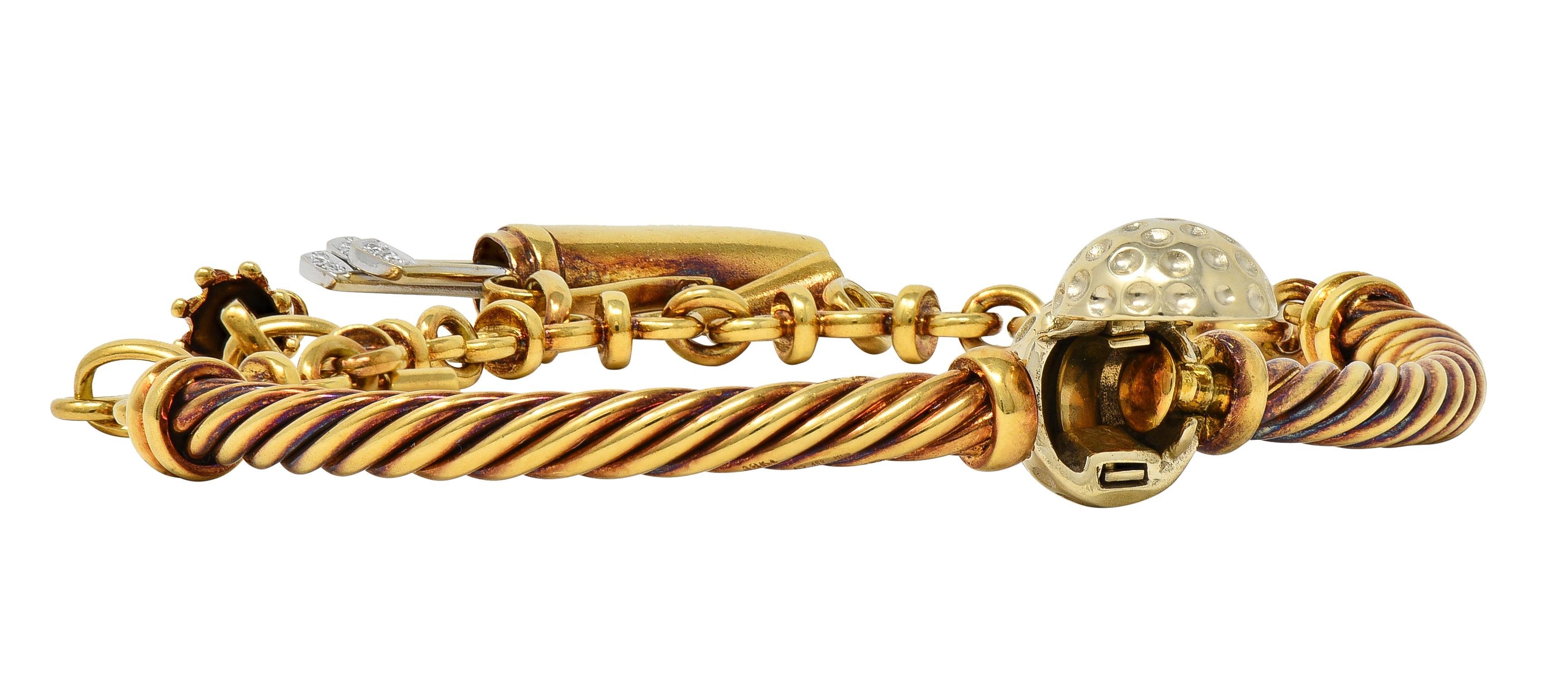 Pomellato 1990's Diamond 18 Karat Two-Tone Gold Vintage Golf Charm Bracelet en venta 5