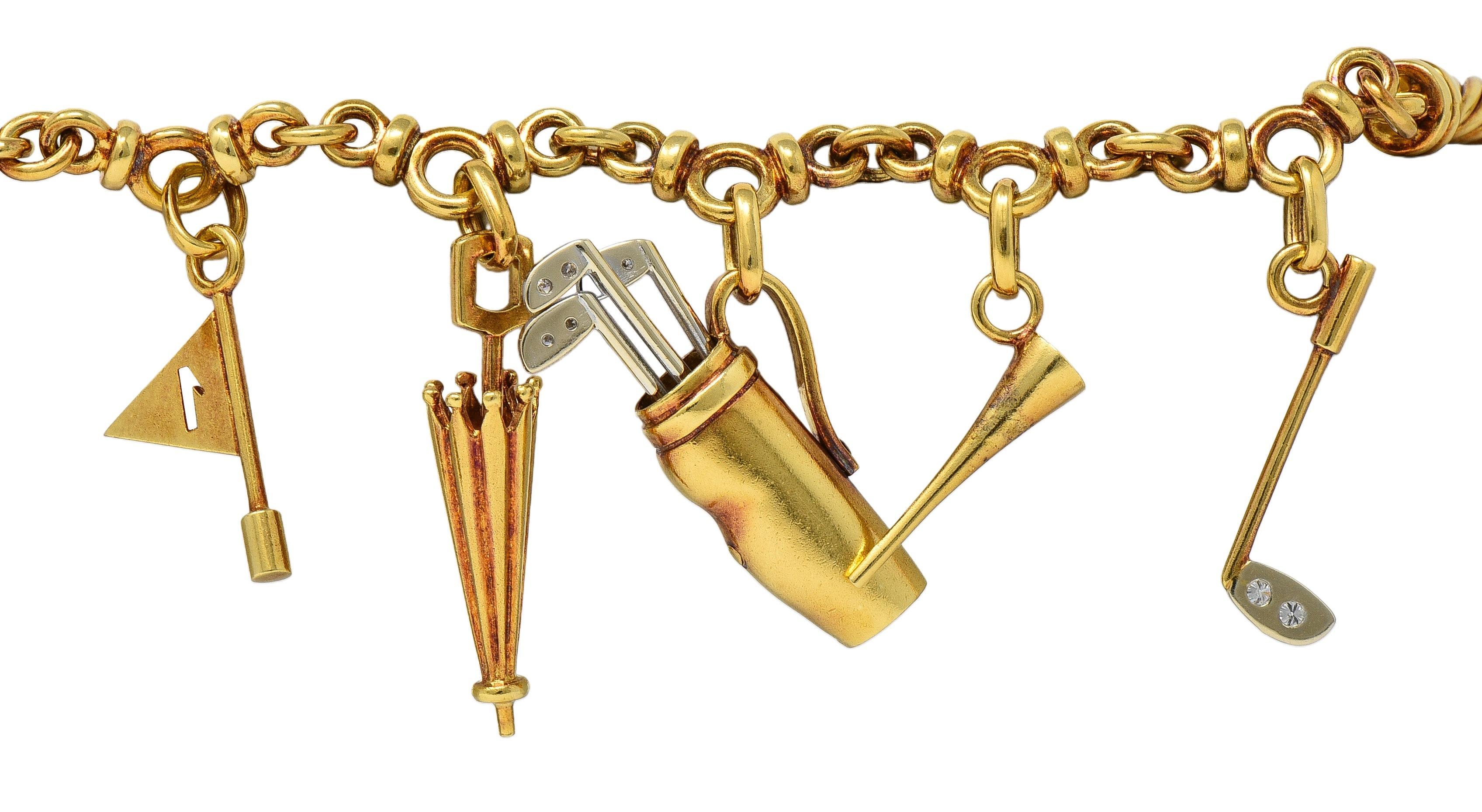 Pomellato 1990's Diamond 18 Karat Two-Tone Gold Vintage Golf Charm Bracelet en venta 9