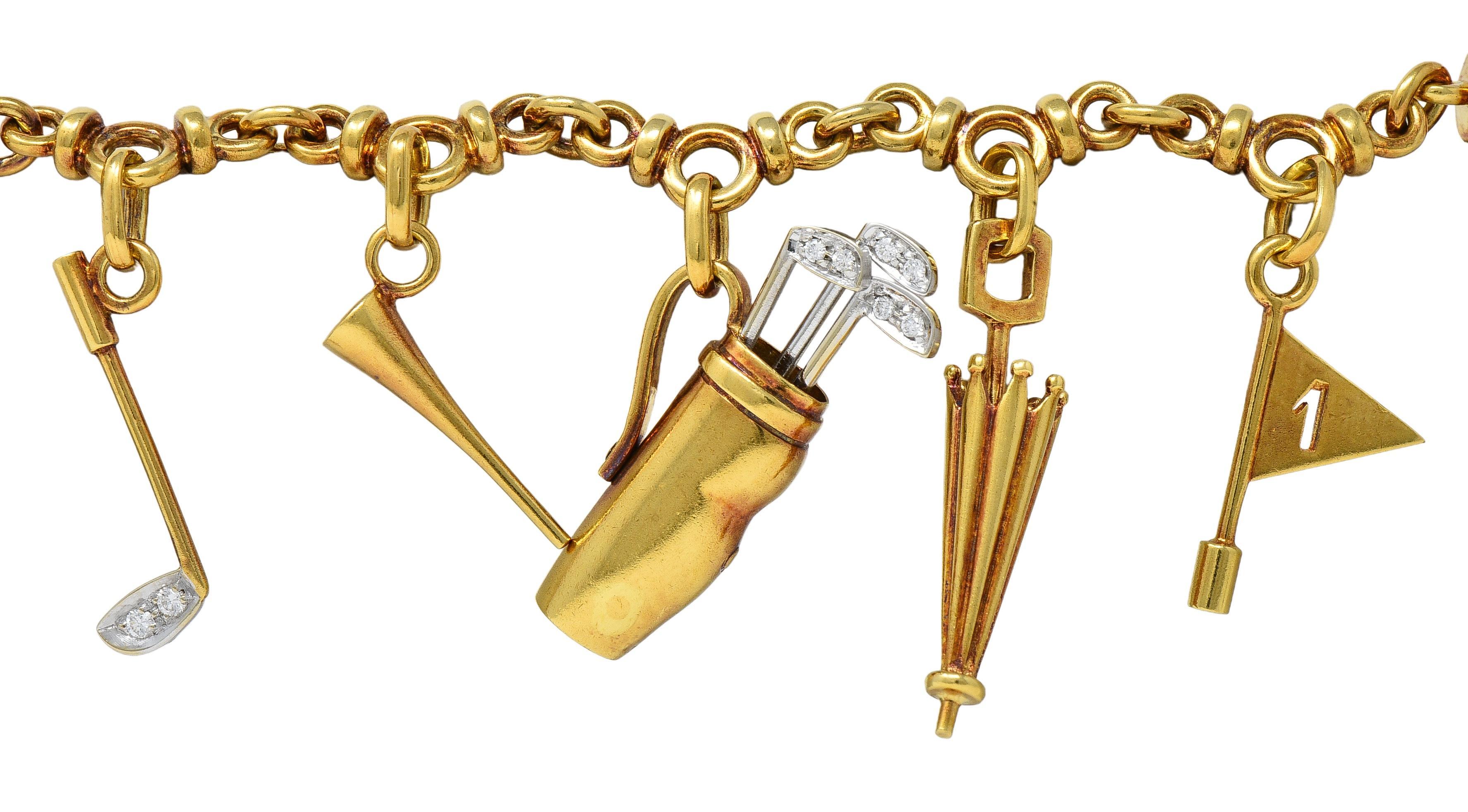 Pomellato 1990's Diamond 18 Karat Two-Tone Gold Vintage Golf Charm Bracelet en Excelente estado para la venta en Philadelphia, PA