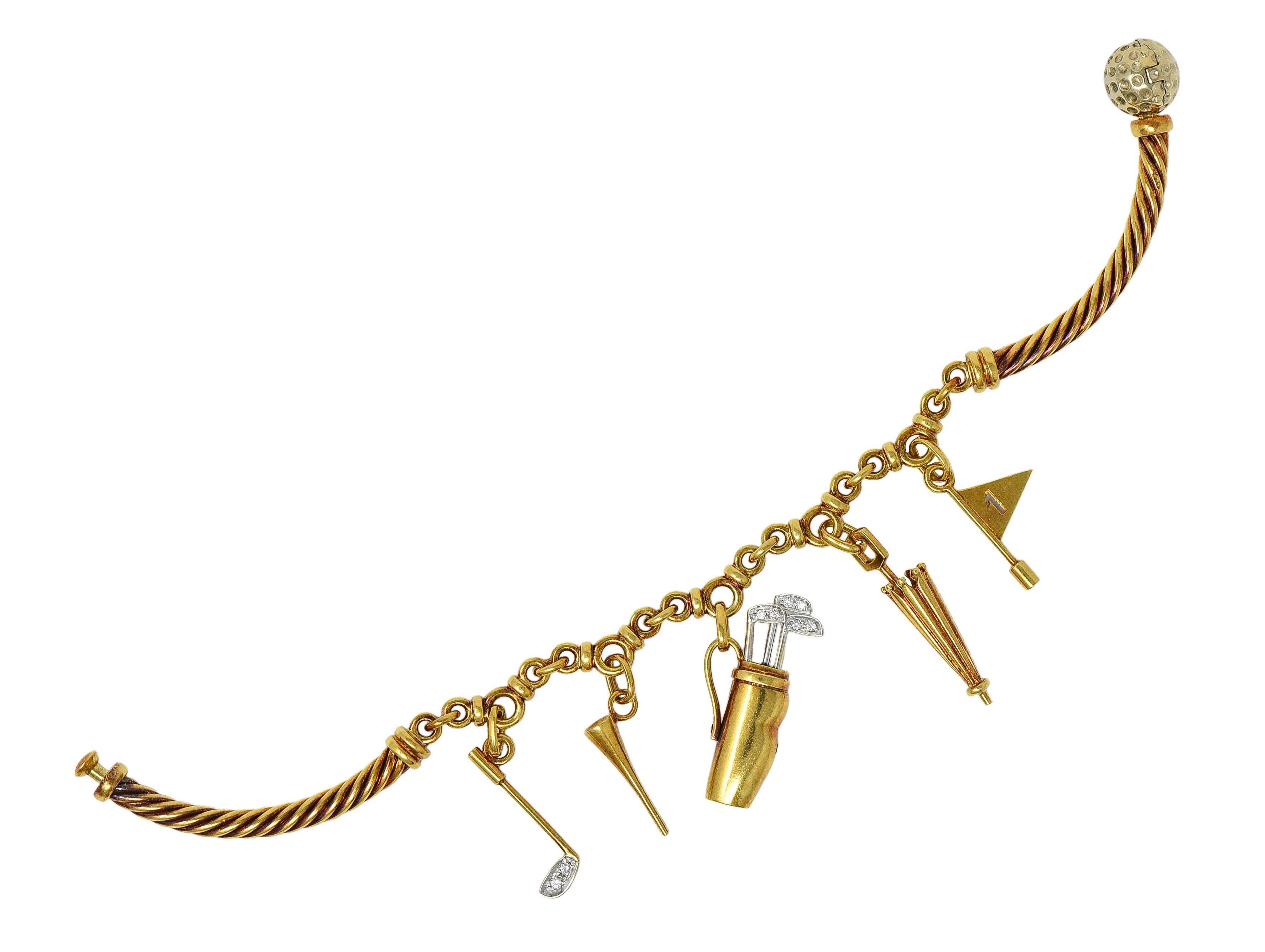 Femenino o masculino Pomellato 1990's Diamond 18 Karat Two-Tone Gold Vintage Golf Charm Bracelet en venta