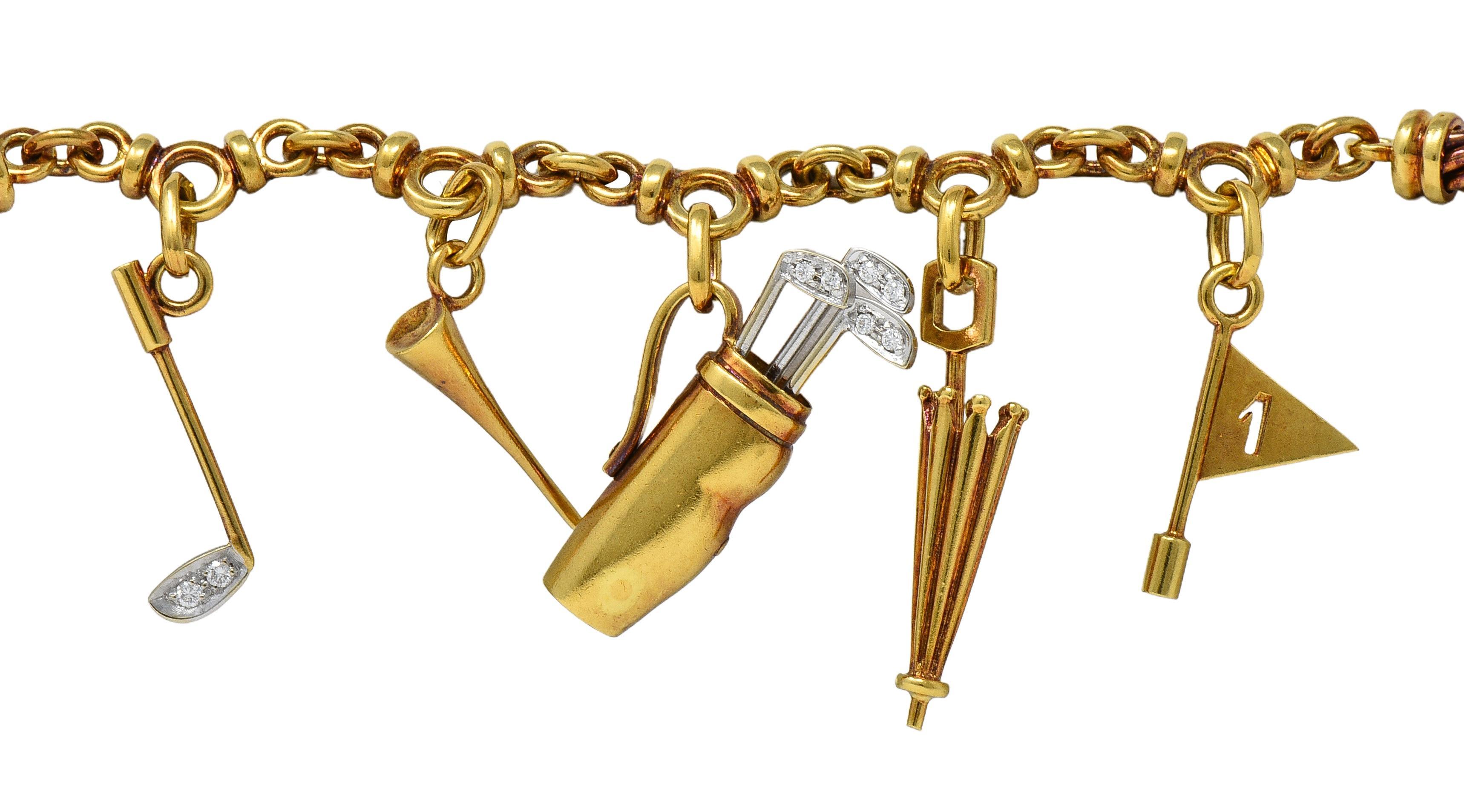 Pomellato 1990's Diamond 18 Karat Two-Tone Gold Vintage Golf Charm Bracelet en venta 3