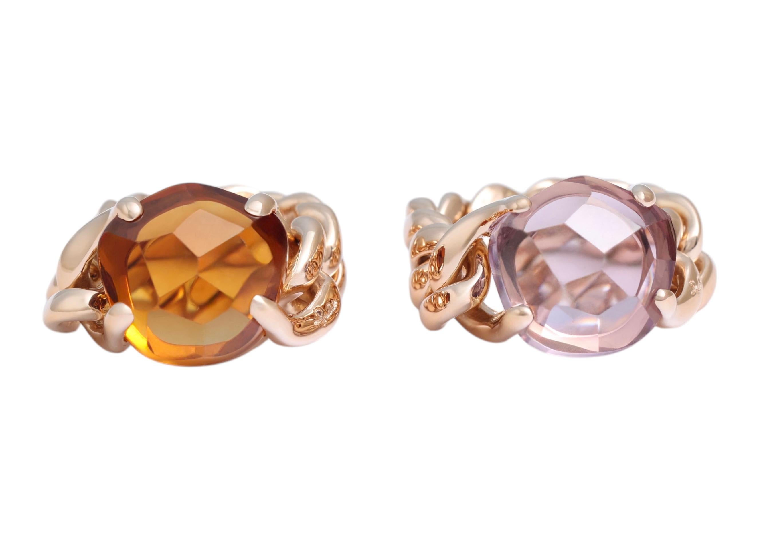 Pomellato 2 bagues Lola assorties en or 18 carats, or madère et améthyste

Livré avec une pochette Pomellato et un certificat de Pomellato

Poids total : 30,3 grammes

La partie supérieure de l'anneau mesure 13 mm x 13 mm, la bande mesure 8 mm de