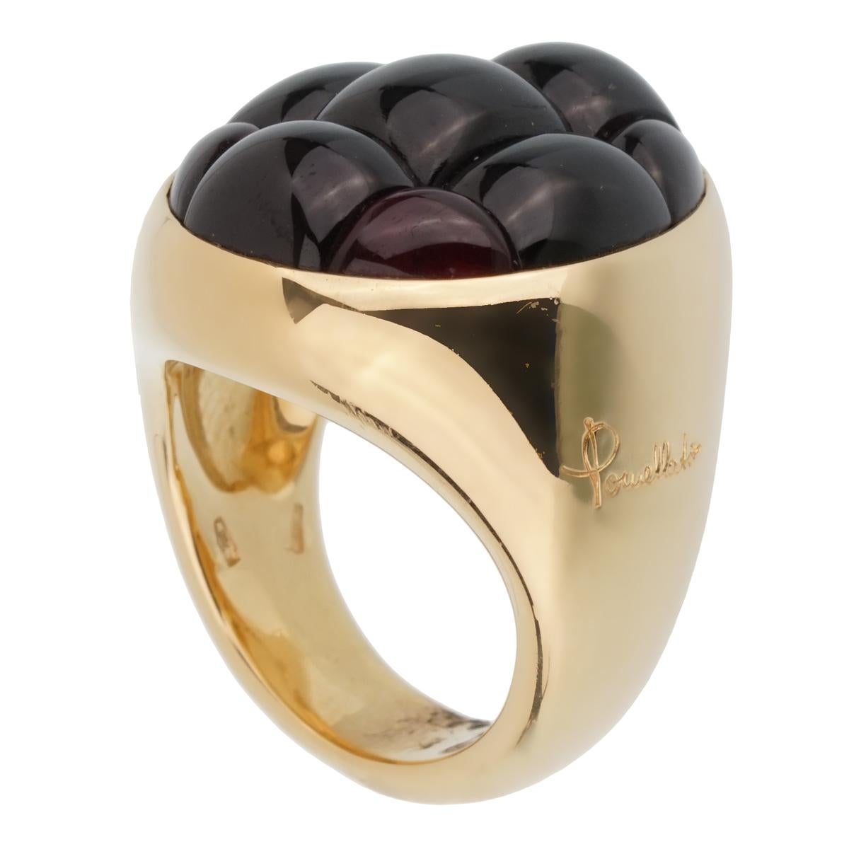 A fabulous brand new Pomellato ring showcasing a 24ct garnet set in shimmering 18k yellow gold. The ring measures a size 6.5 and can be resized.

Retail Price: $9000