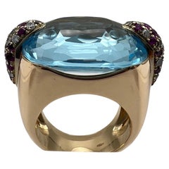 Vintage Pomellato 30 Carat Blue Topaz and 18K Gold Pin Up Cocktail Ring