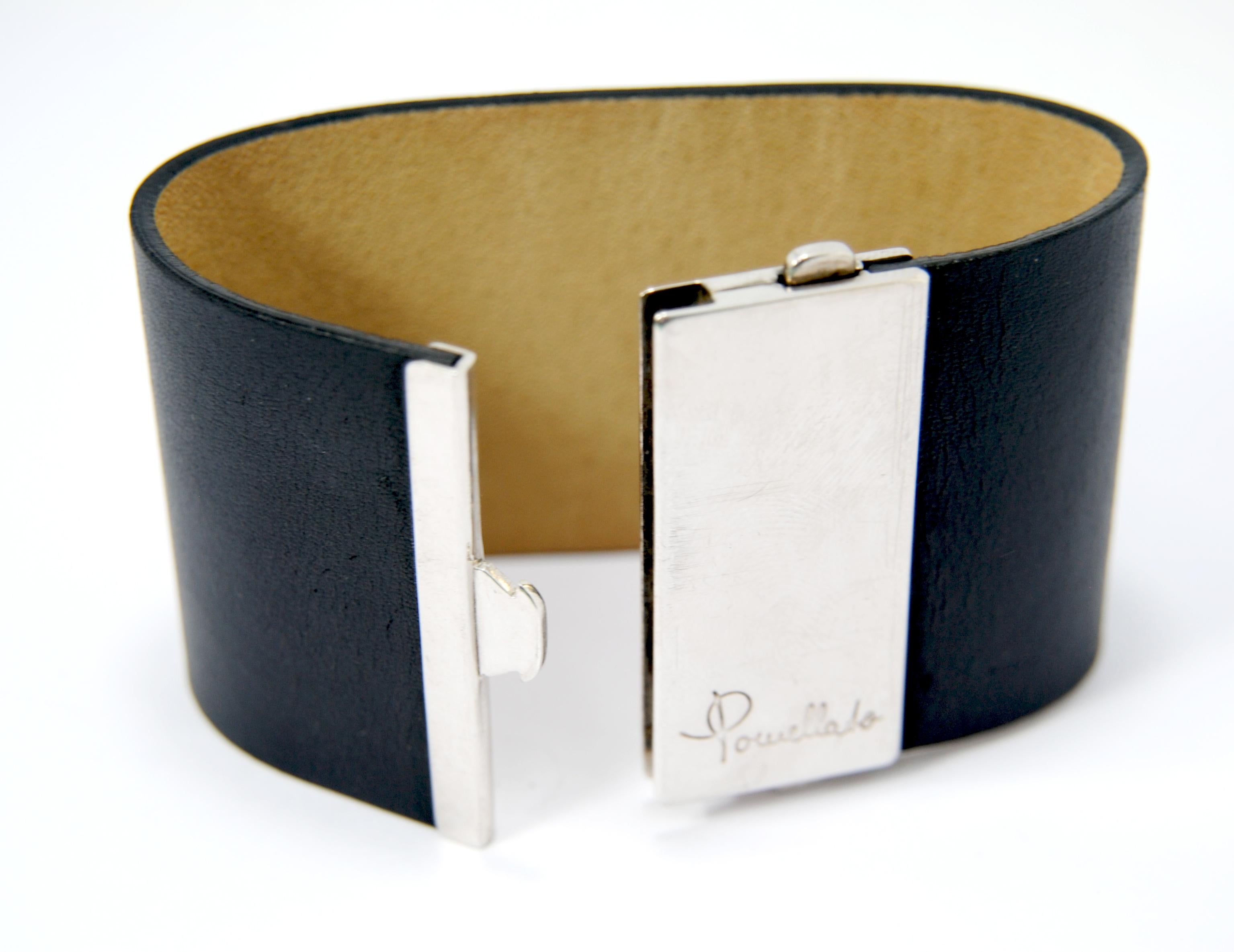 Contemporary Pomellato 67 Silver and Cuff Bracelet Leather Bracelet
