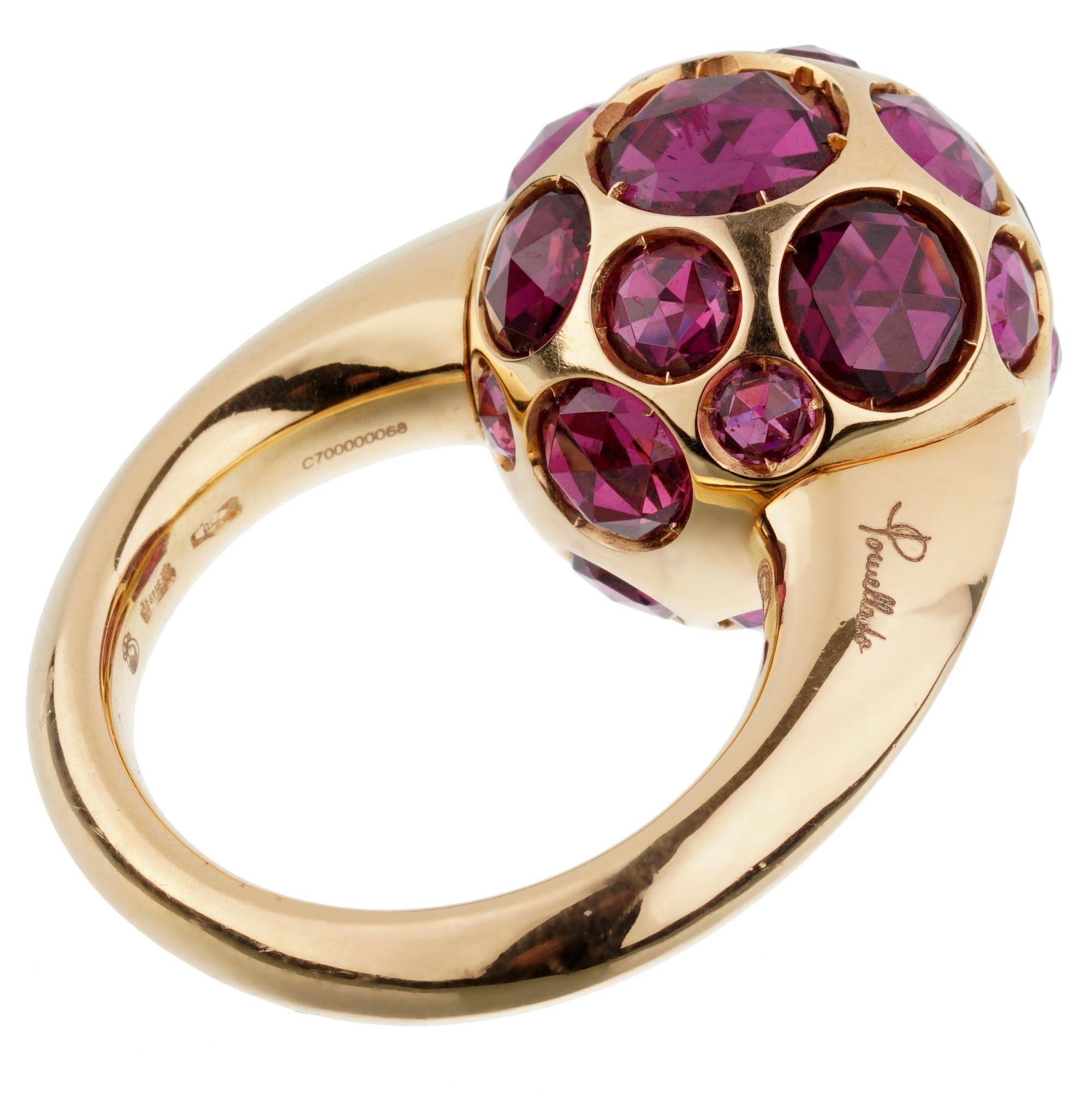 A fabulous brand new Pomellato cocktail ring showcasing 8ct of Rhodolite expertly set in 18k rose gold. The ring measures a size 7 and can be resized.