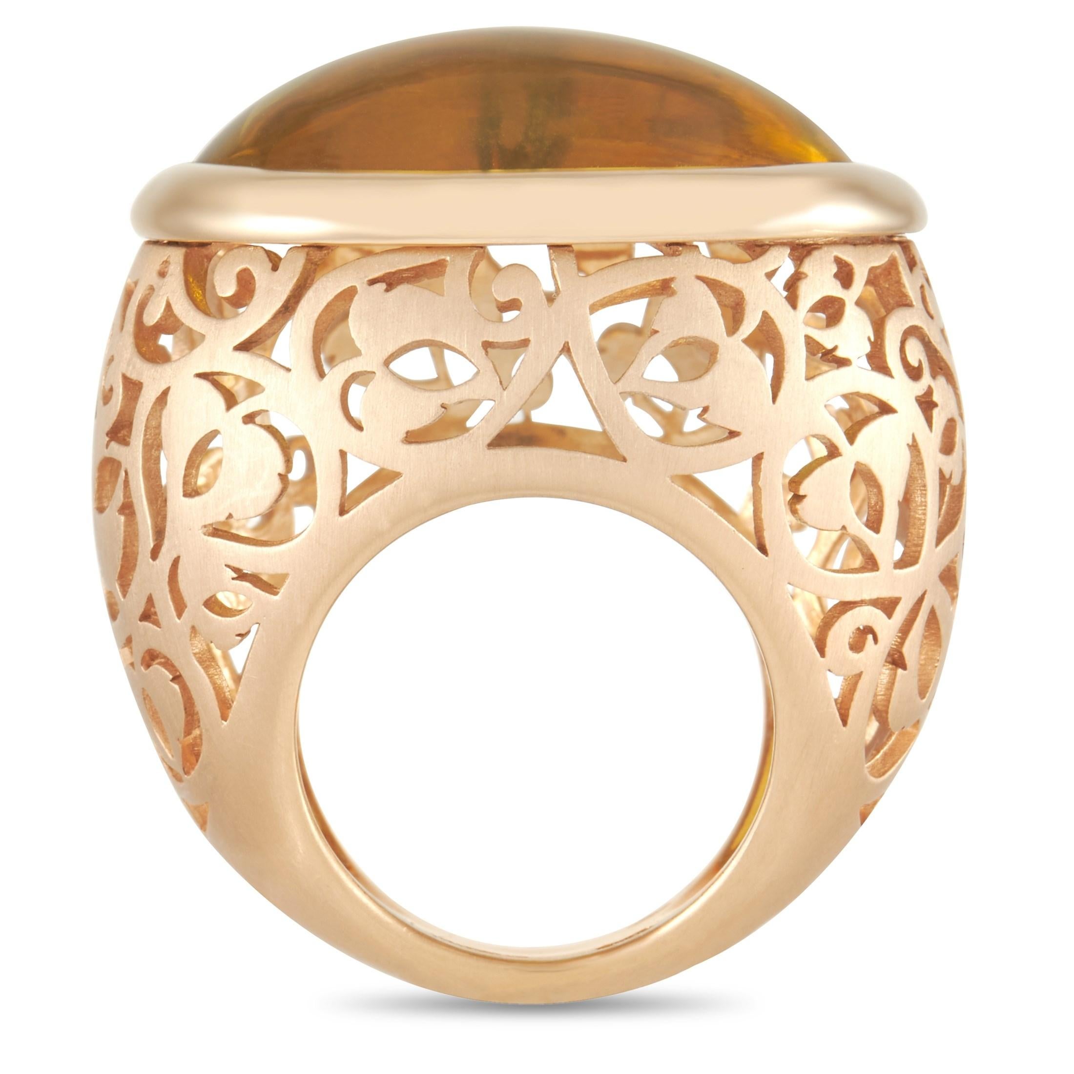 Intricate metalwork and a statement-making Amber gemstone ensure that this ring is nothing short of exquisite. Both bold and delicate at the exact same time, the sides feature a meticulous floral openwork pattern that capitalizes on the negative