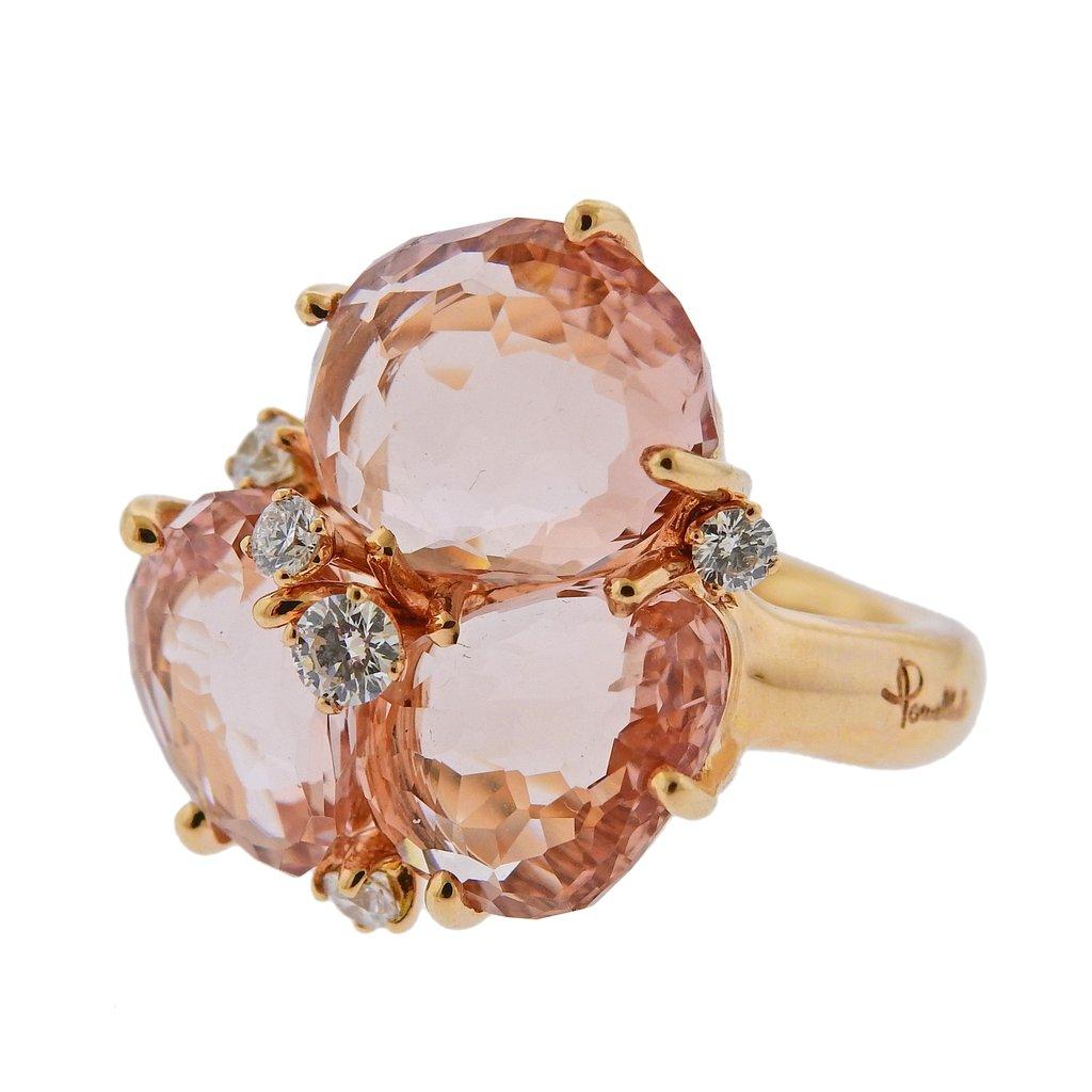 18k yellow gold Bahia ring by Pomellato, set with morganite and approx. 0.45ctw in G/VS diamonds. Current Retail approx. $18933 (17200 Euros). Ring size - 6, ring top - 26mm x 25mm. Weight is 20.1 grams. Marked Pomellato, 51, 750, Italian mark. 