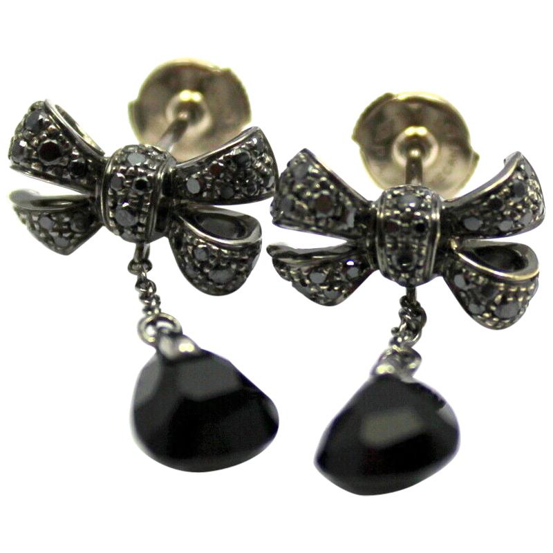 Pomellato Black Diamond Onyx Bow White Gold Drop Earrings For Sale