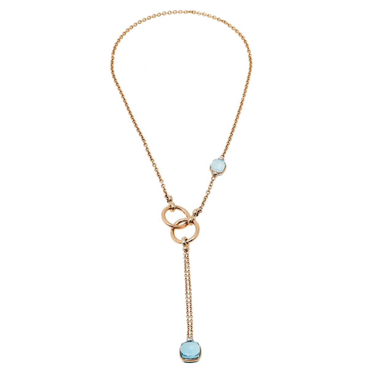 Contemporary Pomellato Blue Topaz Diamond 18K Rose Gold Necklace and Long Earrings Set