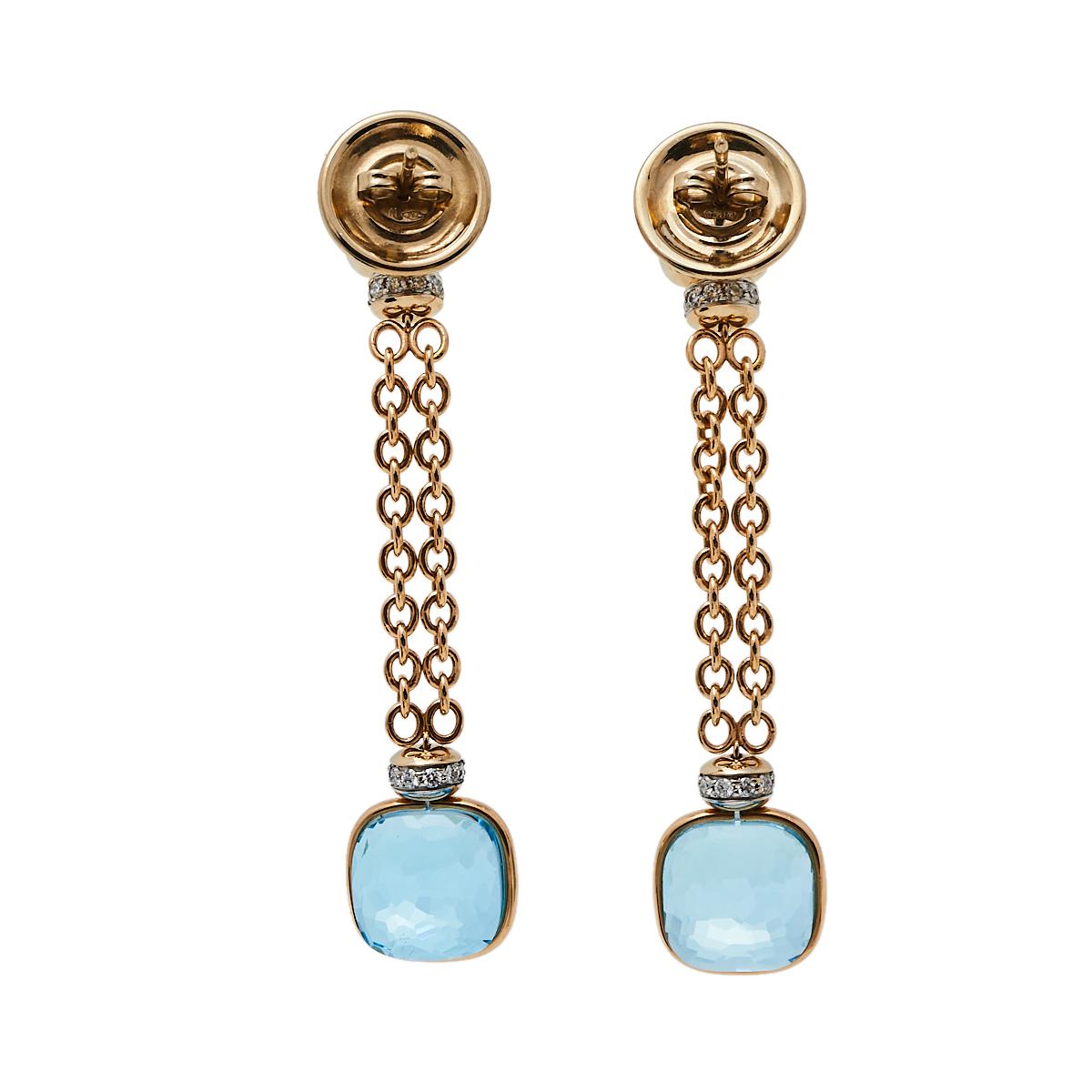 Women's Pomellato Blue Topaz Diamond 18K Rose Gold Necklace and Long Earrings Set