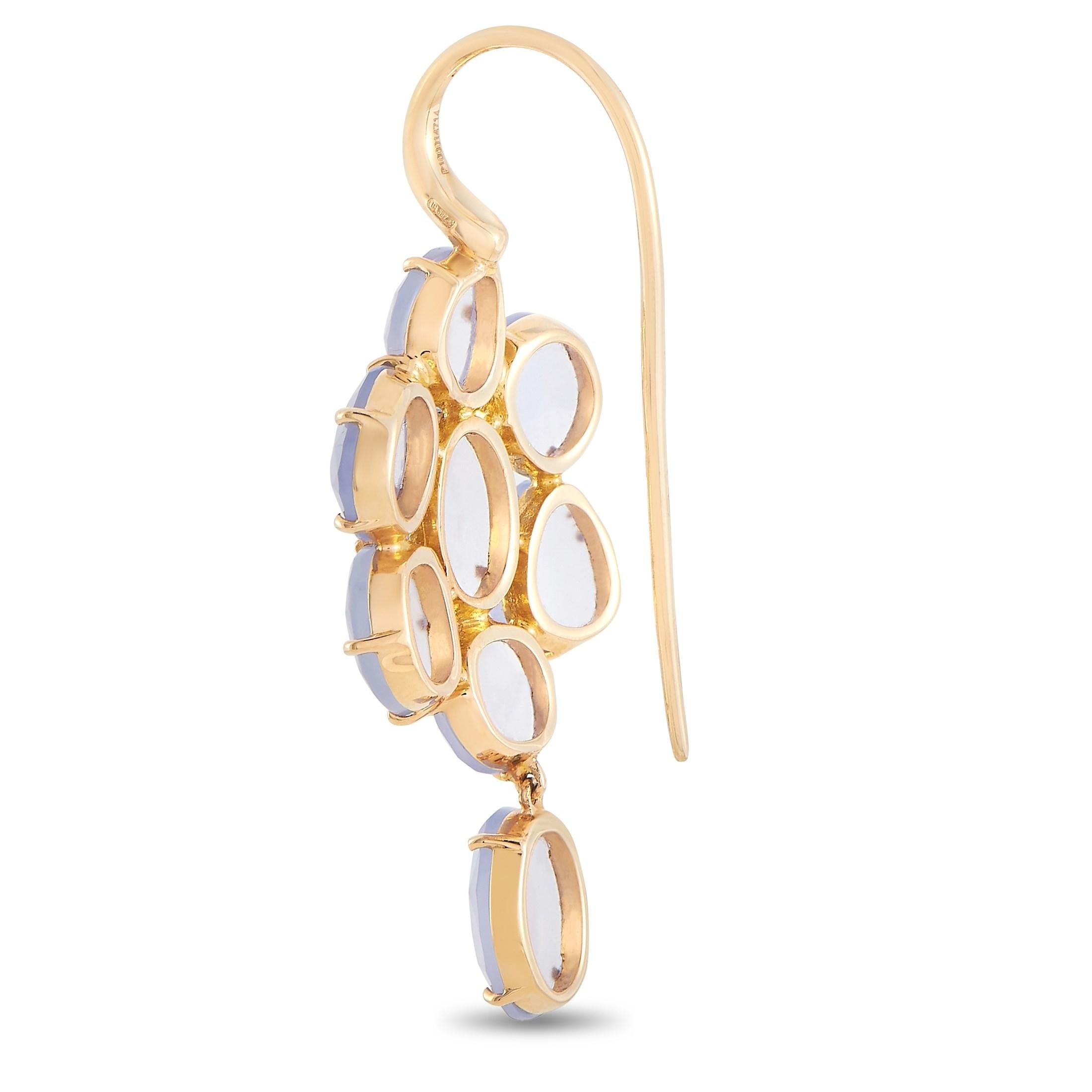 Prettify any outfit with this pair of Pomellato 18K Rose Gold Capri Chalcedony Dangling Earrings. Each earring features a French wire clasp connected to a slim frame that holds eight faceted chalcedony gemstones. The earrings are marked Pomellato