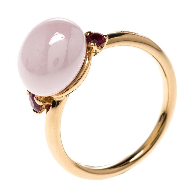 Pomellato Capri Bloom Pink Ceramic & Ruby 18k Rose Gold Ring Size 53