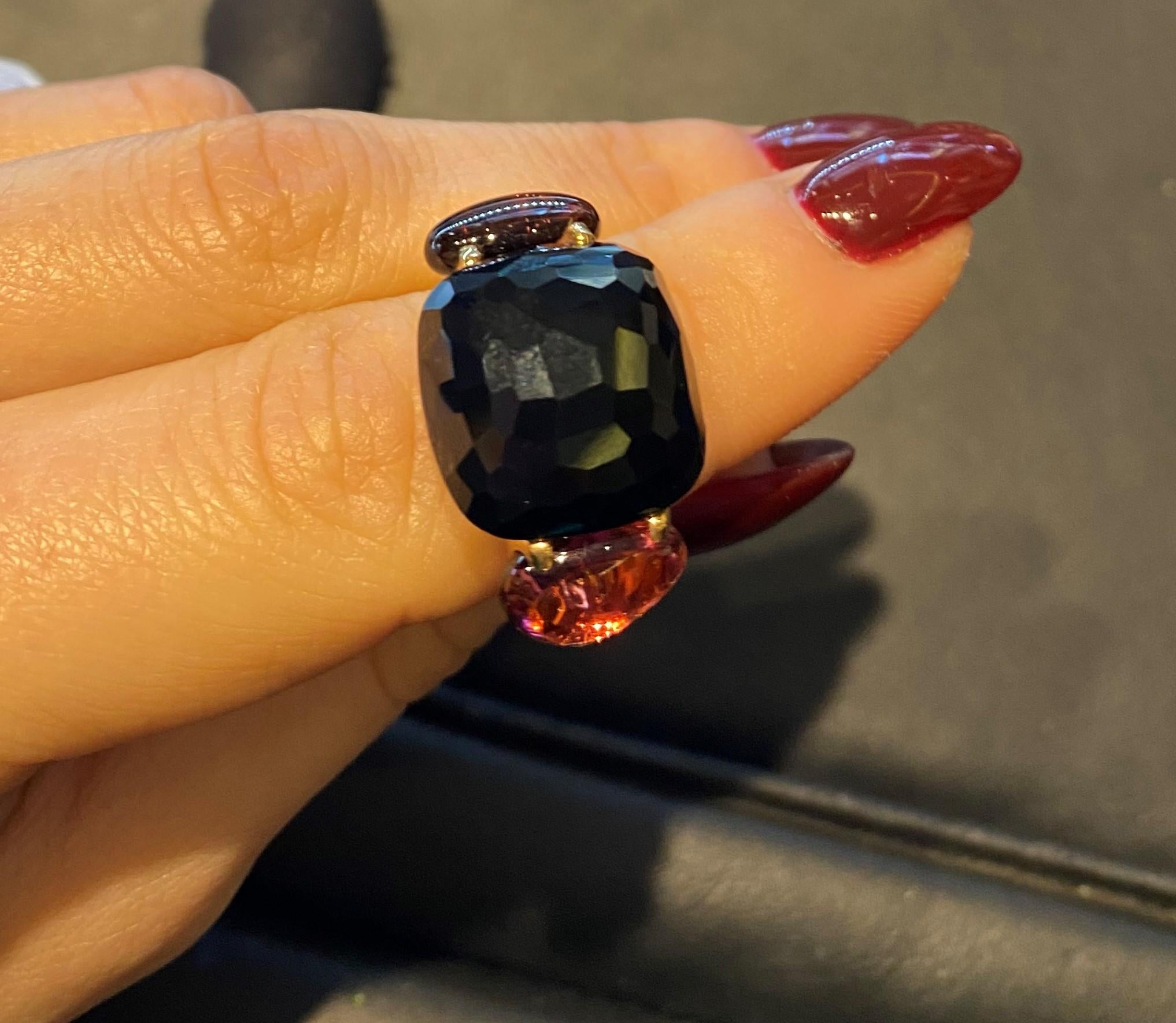 Contemporary Pomellato Capri Ring in 18 Karat Rose Gold with Onyx and Red Tourmaline