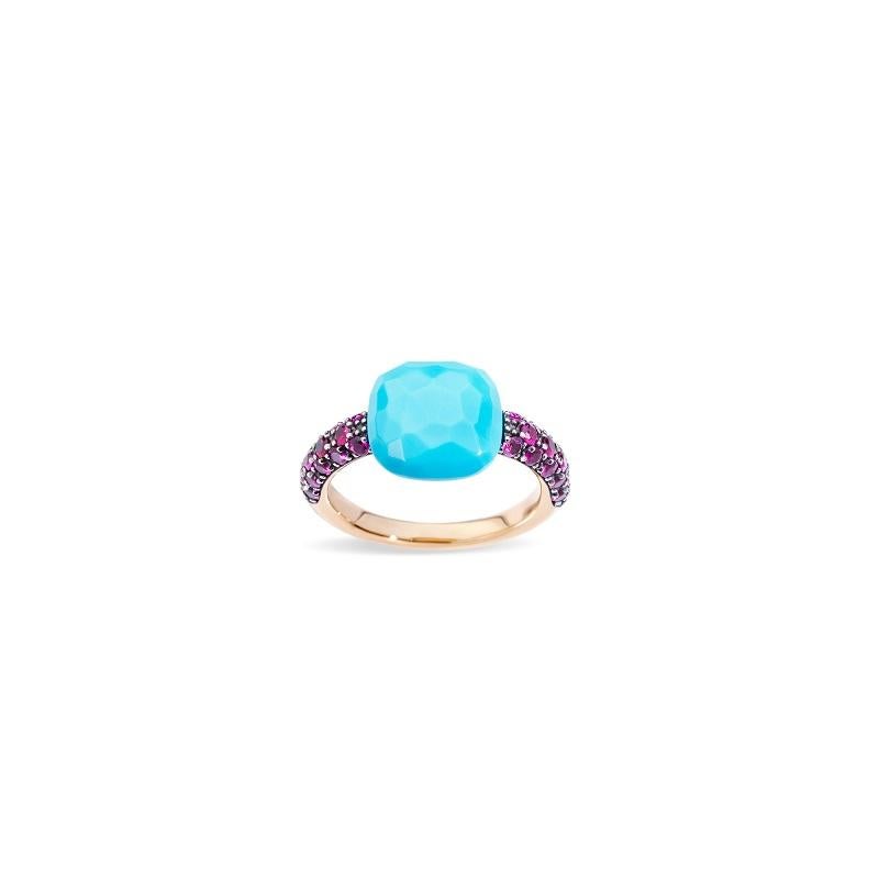Reminiscent of the clear seas and flourishing nature decorating the Mediterranean panorama, the colors of Capri match to create unexpected contrasts.
Ring in Rose Gold with Turquoise and Rubies (CT 0.76) 
Ring Size 53
A.B104O7RTU
