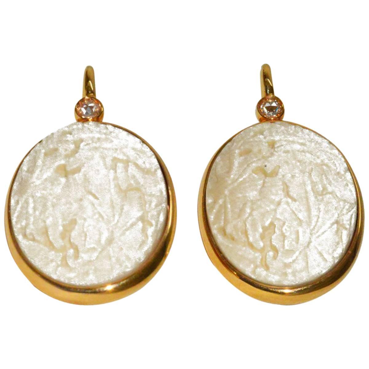 Pomellato Carved White Coral Diamond Gold Earrings