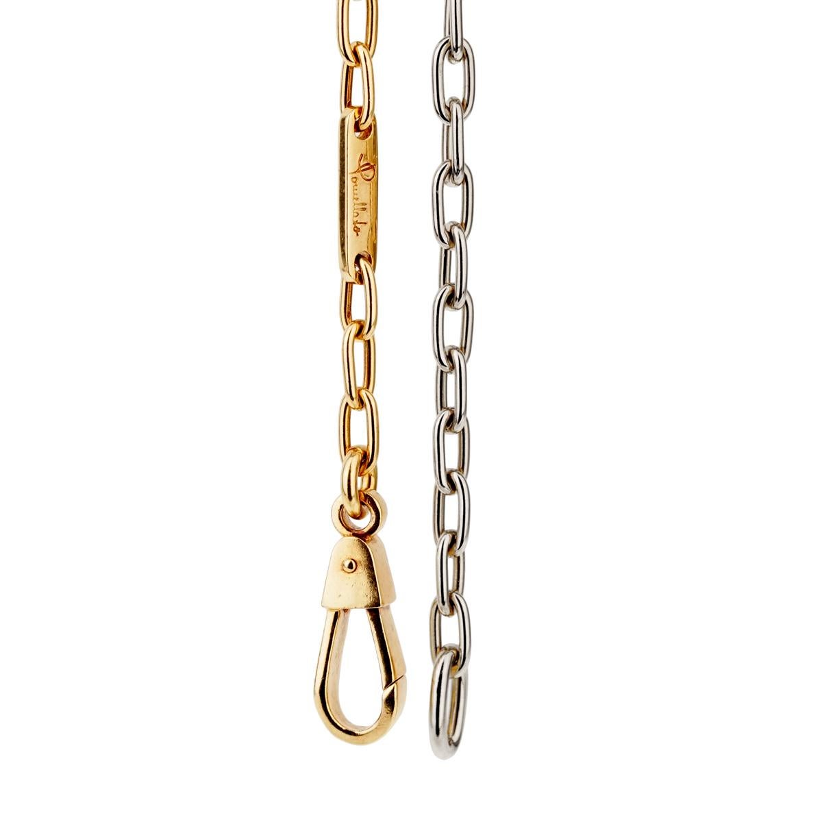 A chic Pomellato necklace featuring a 2 toned chain link motif, 1/2 of the necklace is 18k white gold while the other half is 18k yellow gold. The necklace graduates from .15