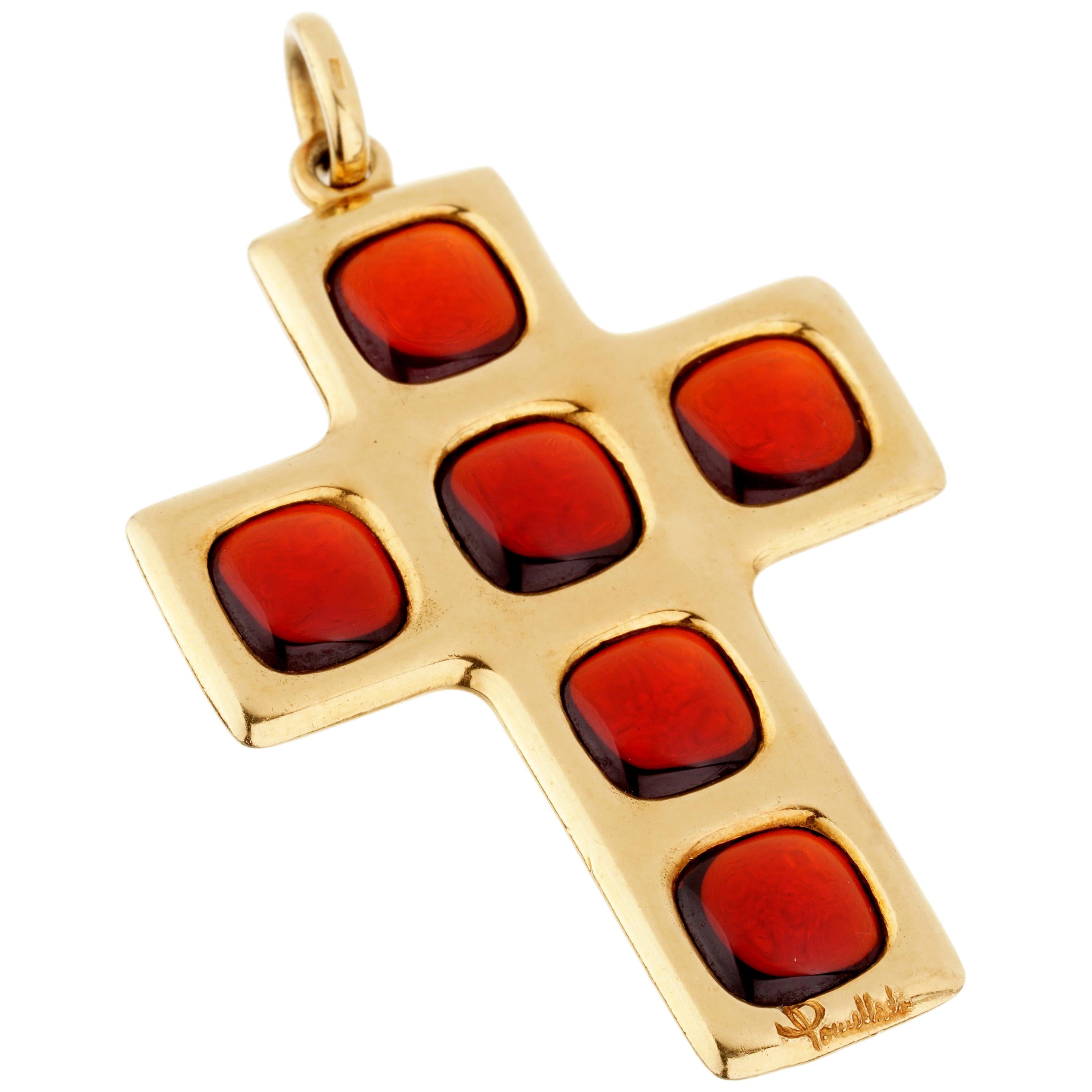 Pomellato 27 Carat Garnet Cross Yellow Gold Pendant