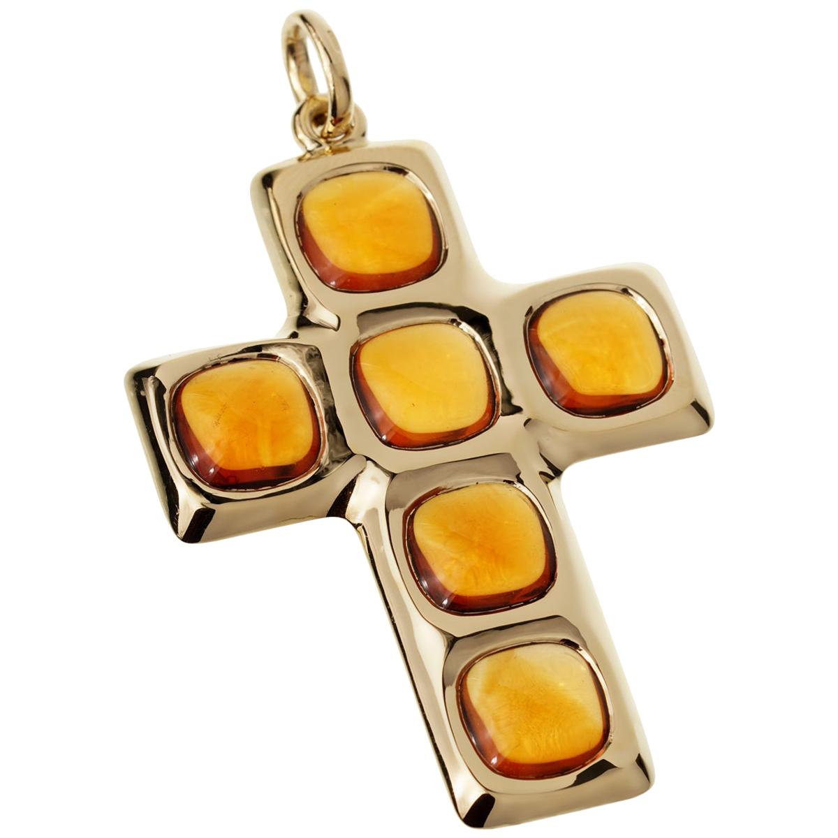 Pomellato Citrine 27 Carat Citrine Cross Yellow Gold Pendant For Sale