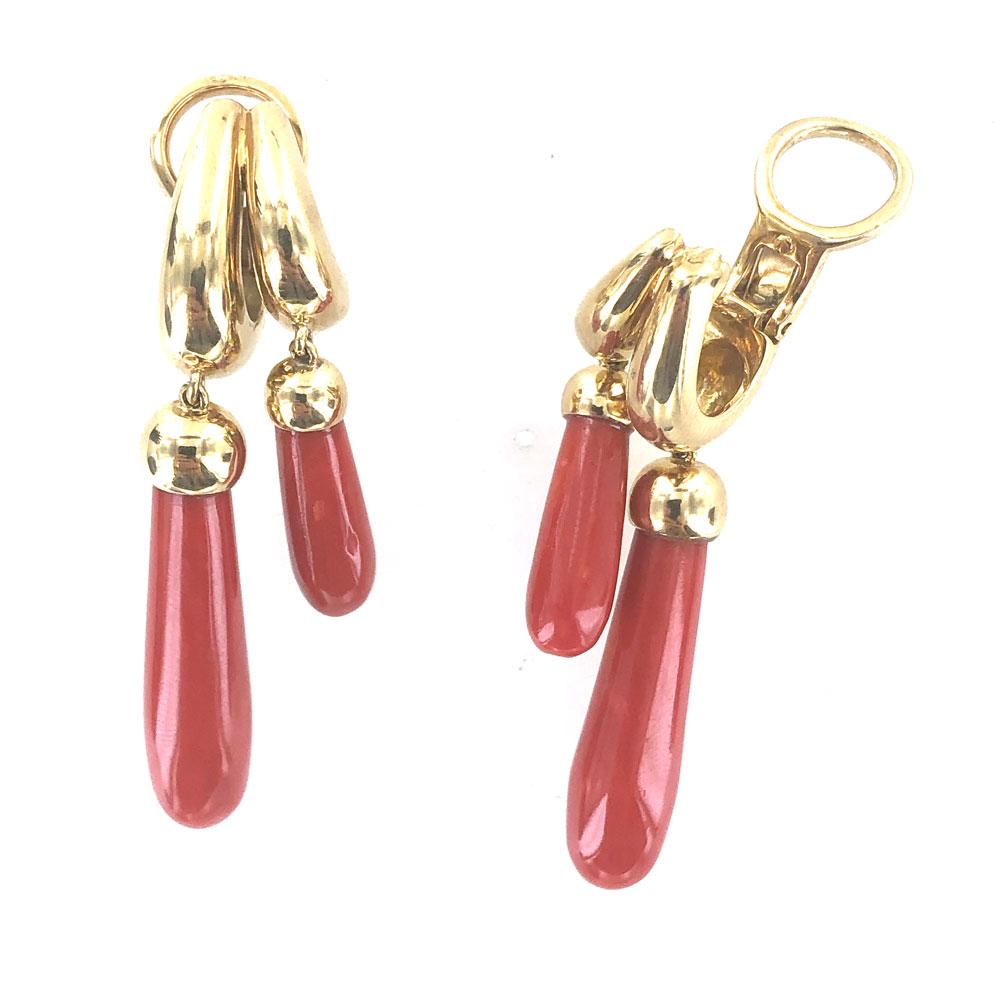 Modern Pomellato Coral Double Drop 18 Karat Yellow Gold Vintage Earrings