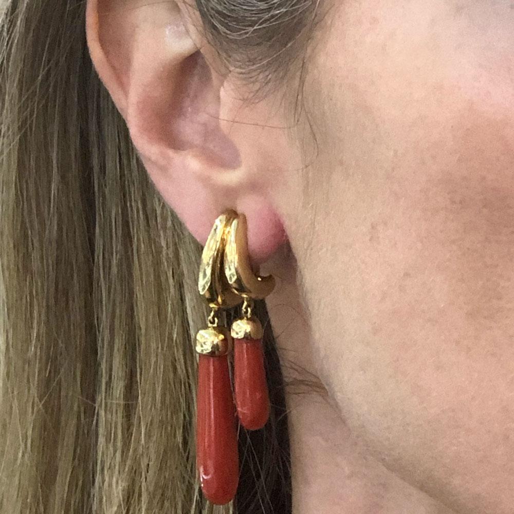 Women's Pomellato Coral Double Drop 18 Karat Yellow Gold Vintage Earrings