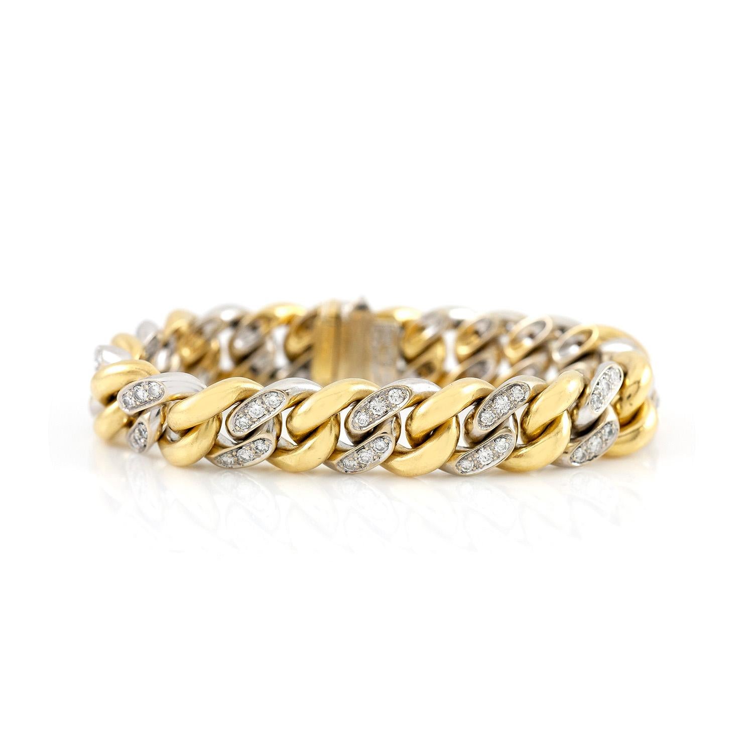 The bracelet is finely crafted in 18k yellow gold with diamonds weighing approximately total of 4.00 and the bracelet is weighing approximately total of 69.4 DWT.
Signed by Pomellato.