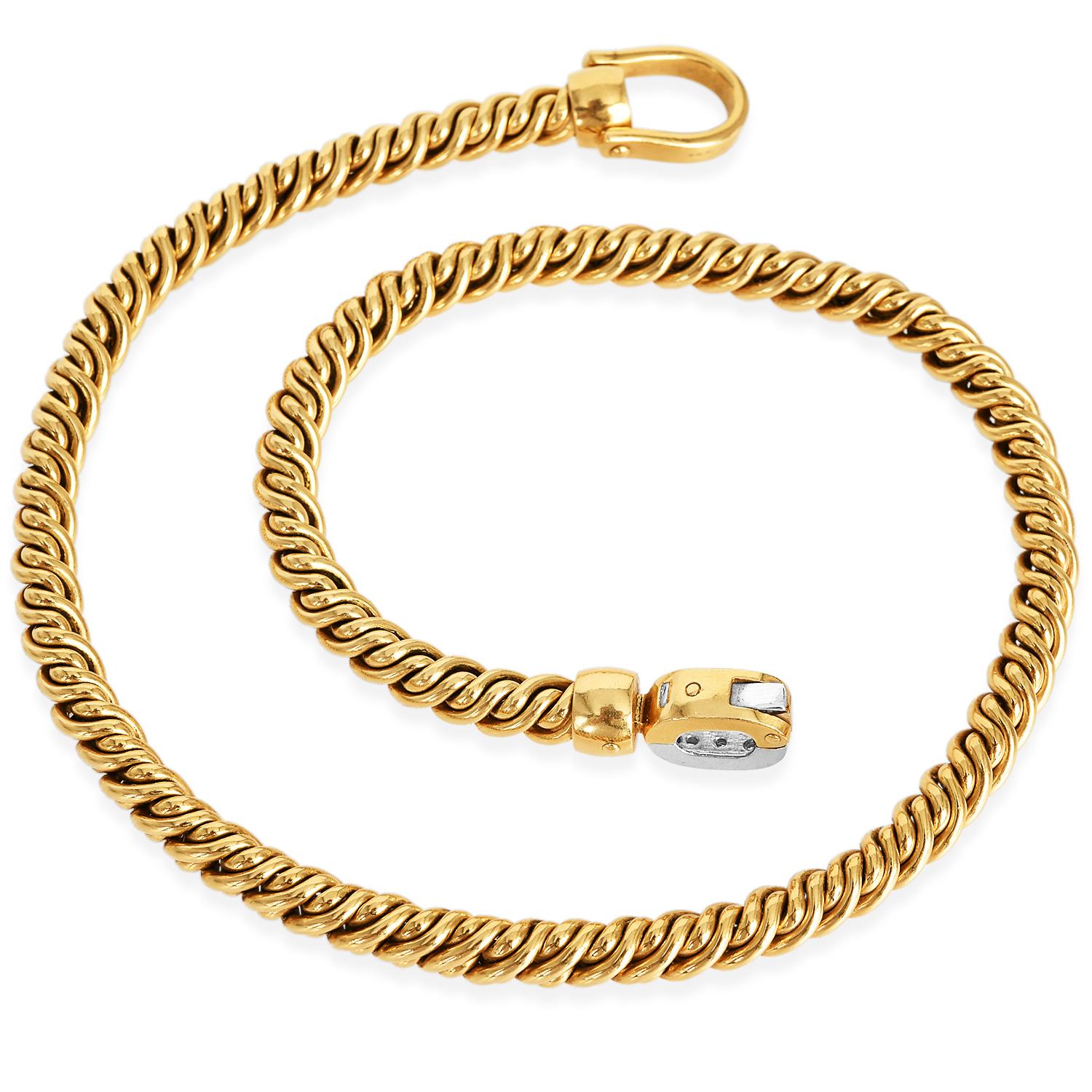 Pomellato Diamond 18K Gold Rope Chain Hardware Link Bracelet

Presenting a Statement necklace Made in 18K Yellow and white gold. The necklace has a natural diamond Prong set in White gold. 

Secured with a fold-over Jewelry Clasp. 

Metal: 18K