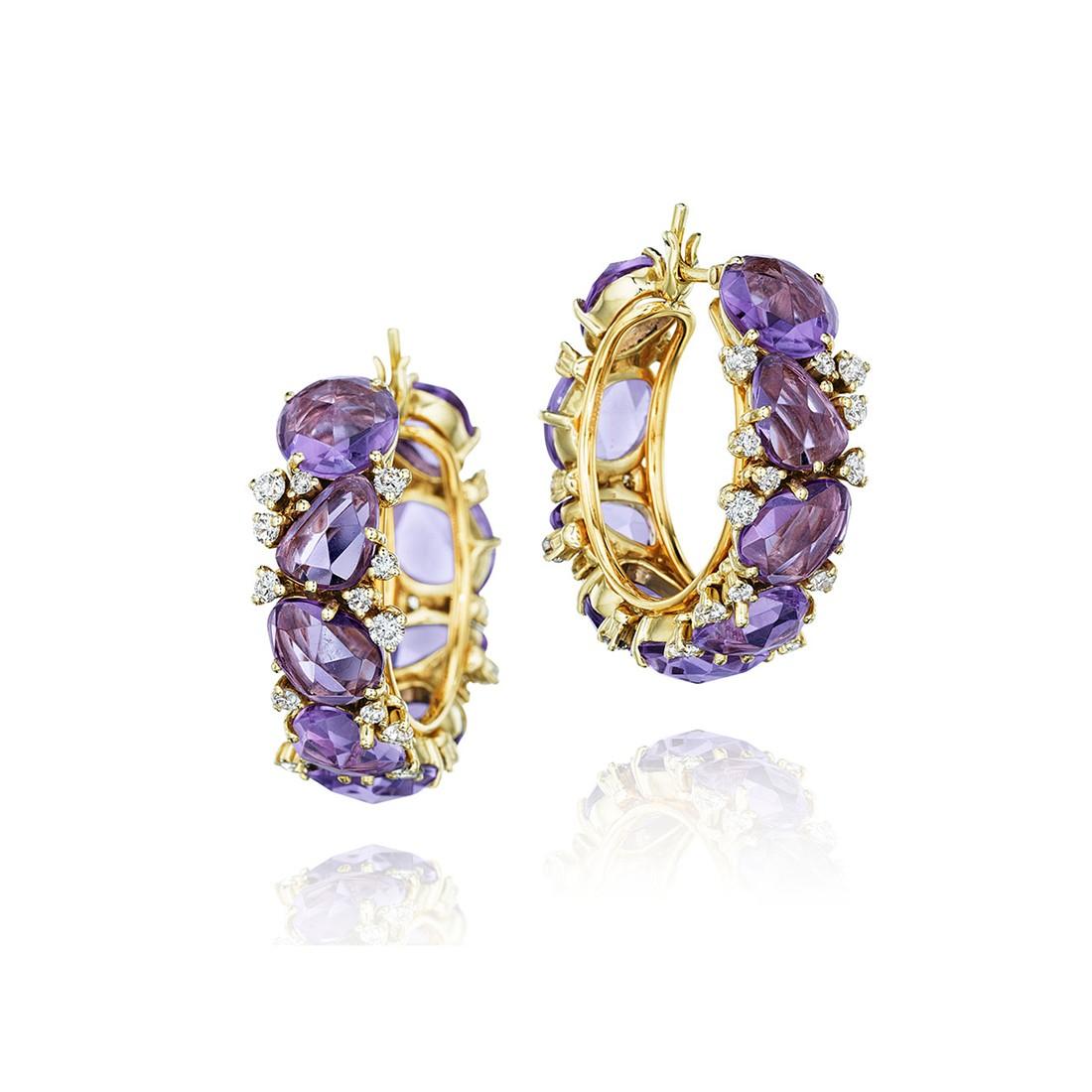 A pair of new impressive hoop earrings, crafted by Pomellato for Lulu collection, decorated with amethyst gemstones and diamonds. 
Designer: Pomellato
Material: 18K Rose Gold
Gemstone: G/VS Diamonds - approx. 1.02ctw, Amethyst
Dimensions: Hoops are