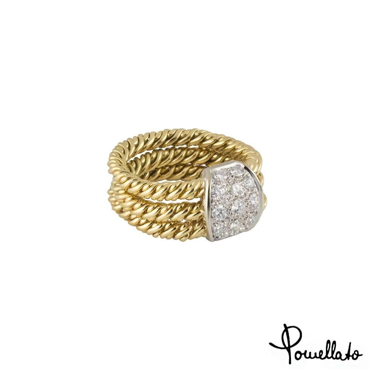 A beautiful 18k yellow gold Pomellato dress ring. The ring comprises of a white gold oblong motif with 13 round brilliant cut diamonds in a pave setting with a total weight of 0.89ct, G colour and VS clarity. The ring features 3 yellow gold twisted