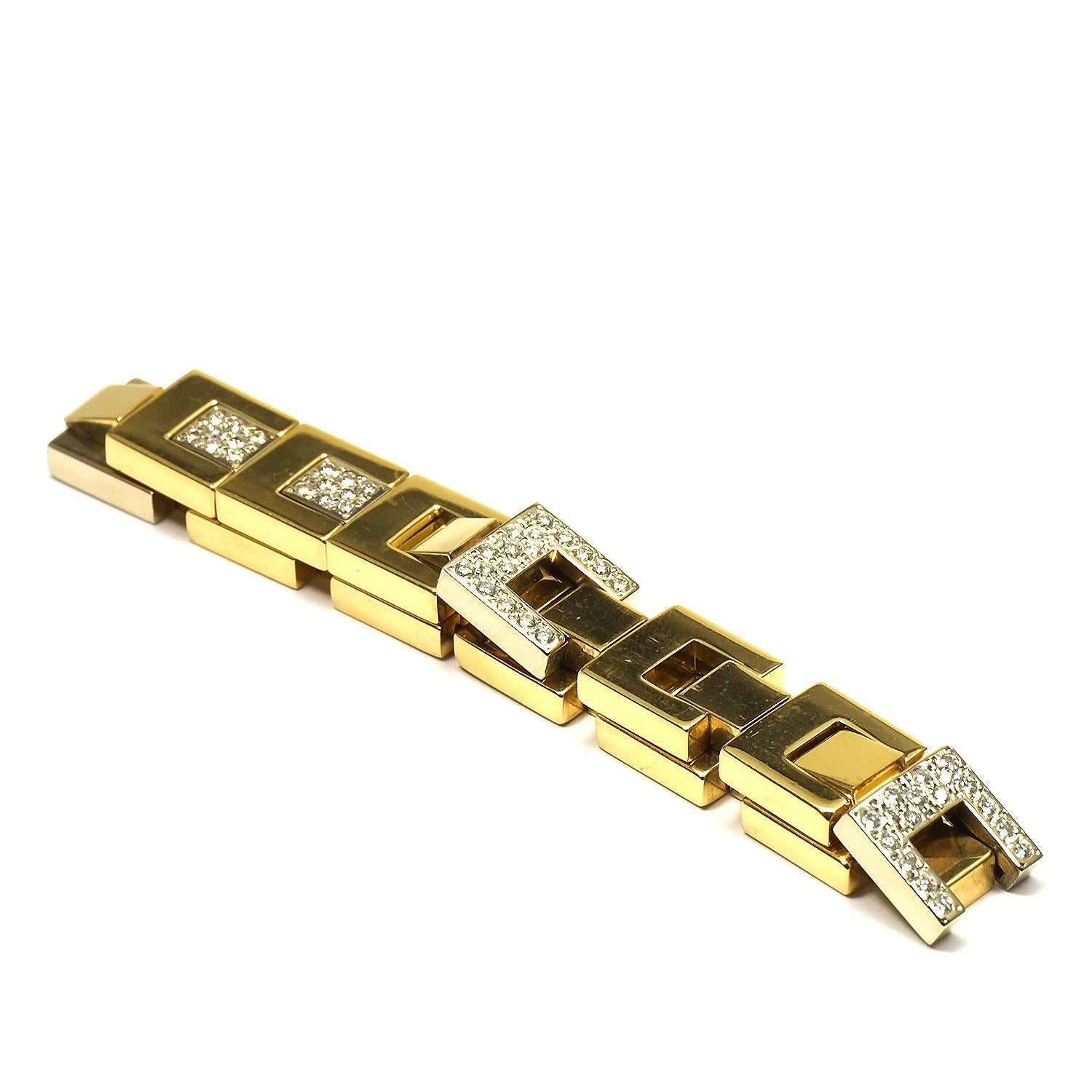 Pomellato Quadratisches Diamant-Gliederarmband aus 18 Karat Gelb- und Weißgold im Zustand „Gut“ in Goettingen, DE