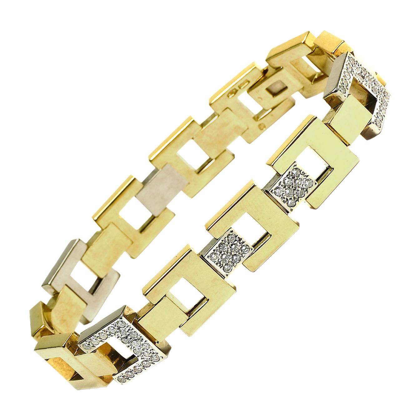 Pomellato Diamond Square Link Bracelet in 18 Karat Yellow and White Gold For Sale