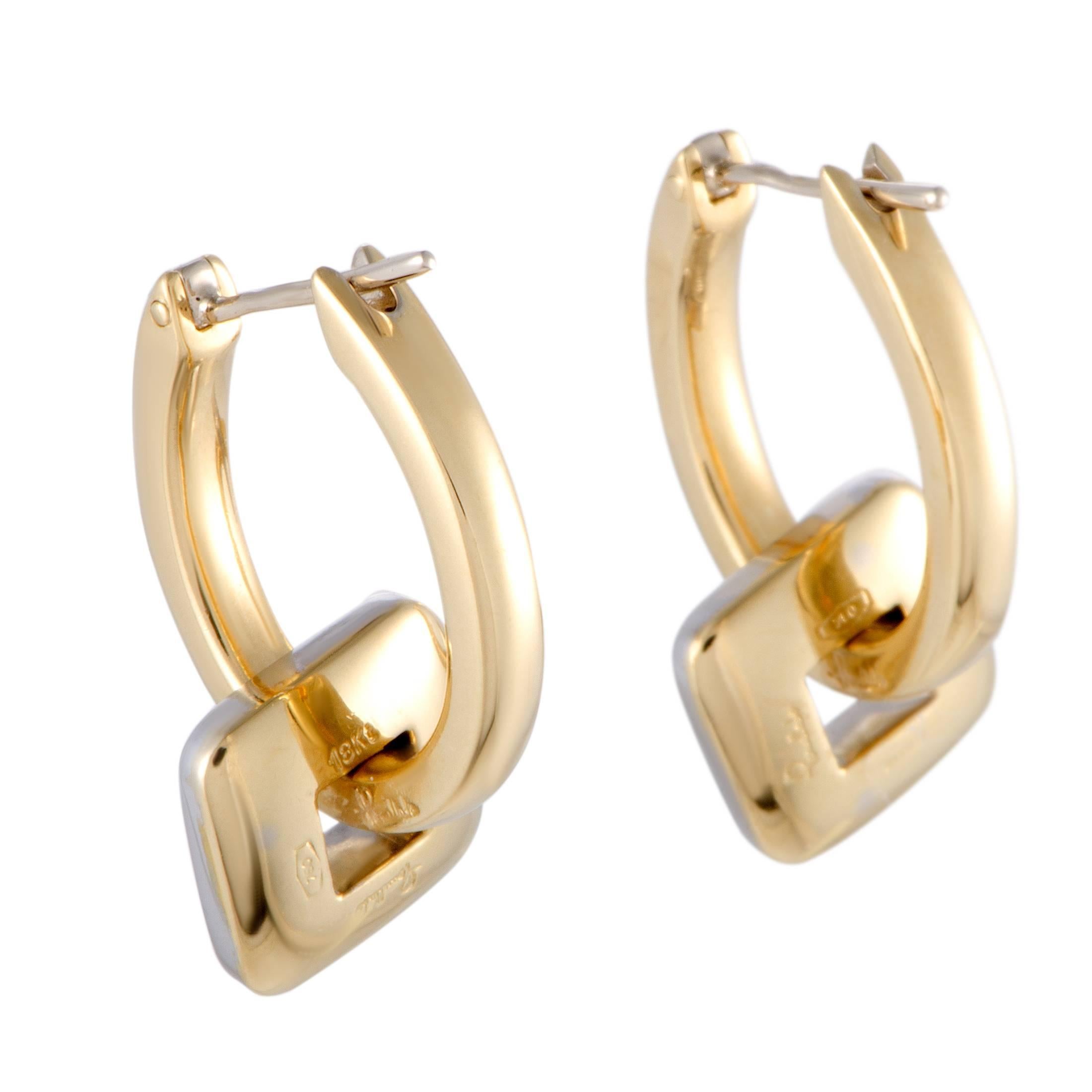 Pomellato Diamond Square Yellow Gold Dangling Hoop Earrings In Excellent Condition In Southampton, PA