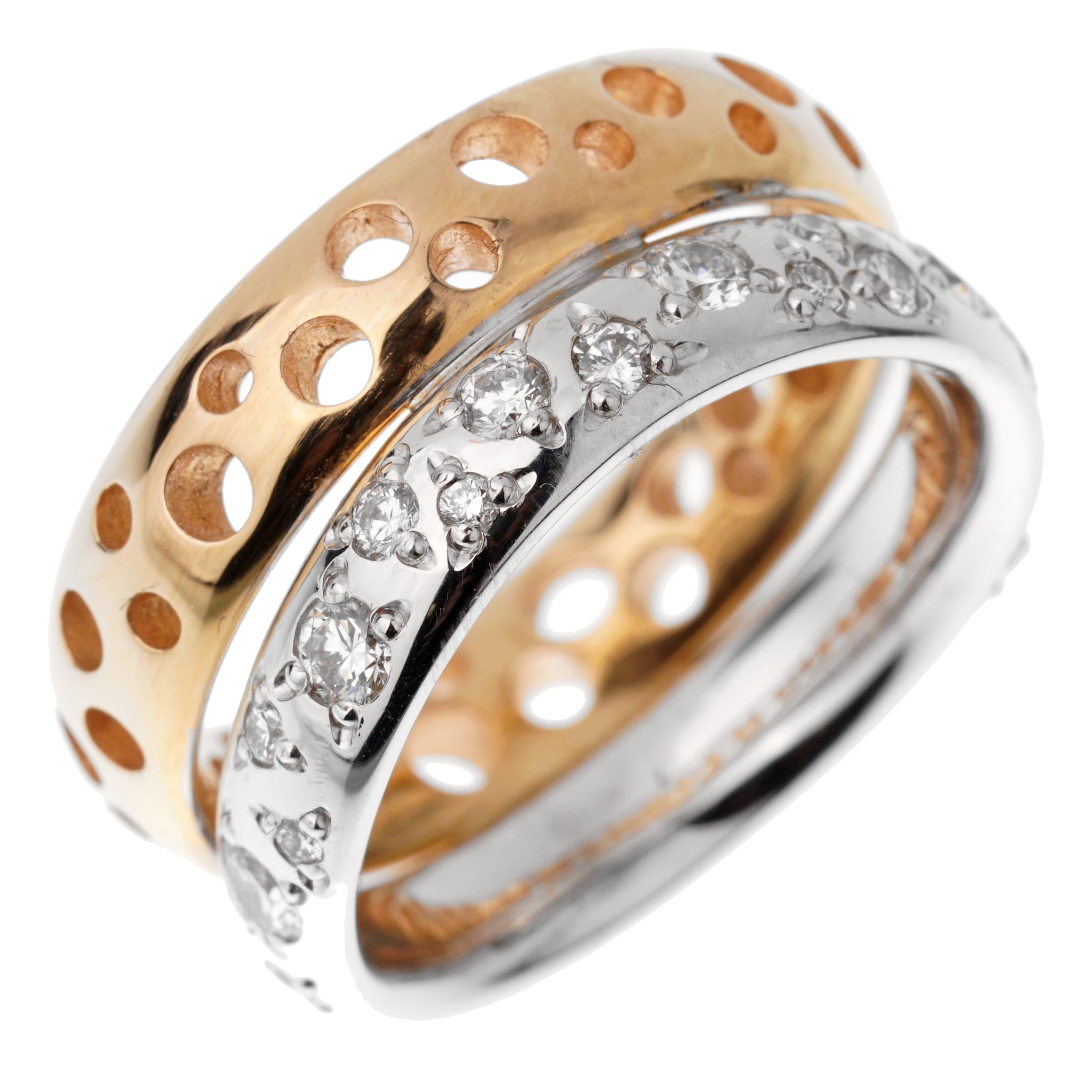 A chic Pomellato stacked ring showcasing a white gold wave band adorned with round brilliant cut diamonds attached to a rose gold bubble motif band. The ring measures .35