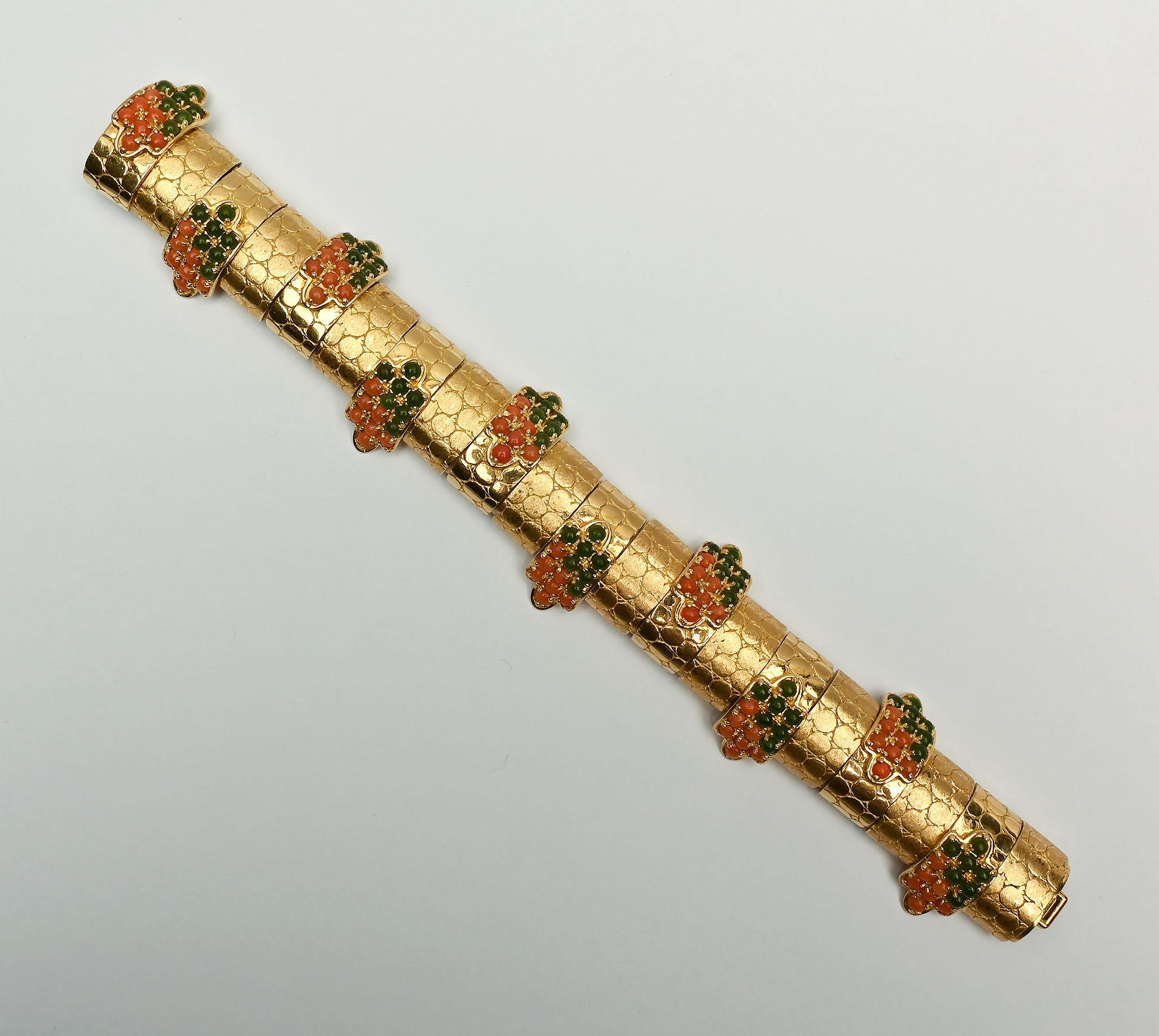 Contemporary Pomellato Gold Bracelet with Emeralds and Coral For Sale