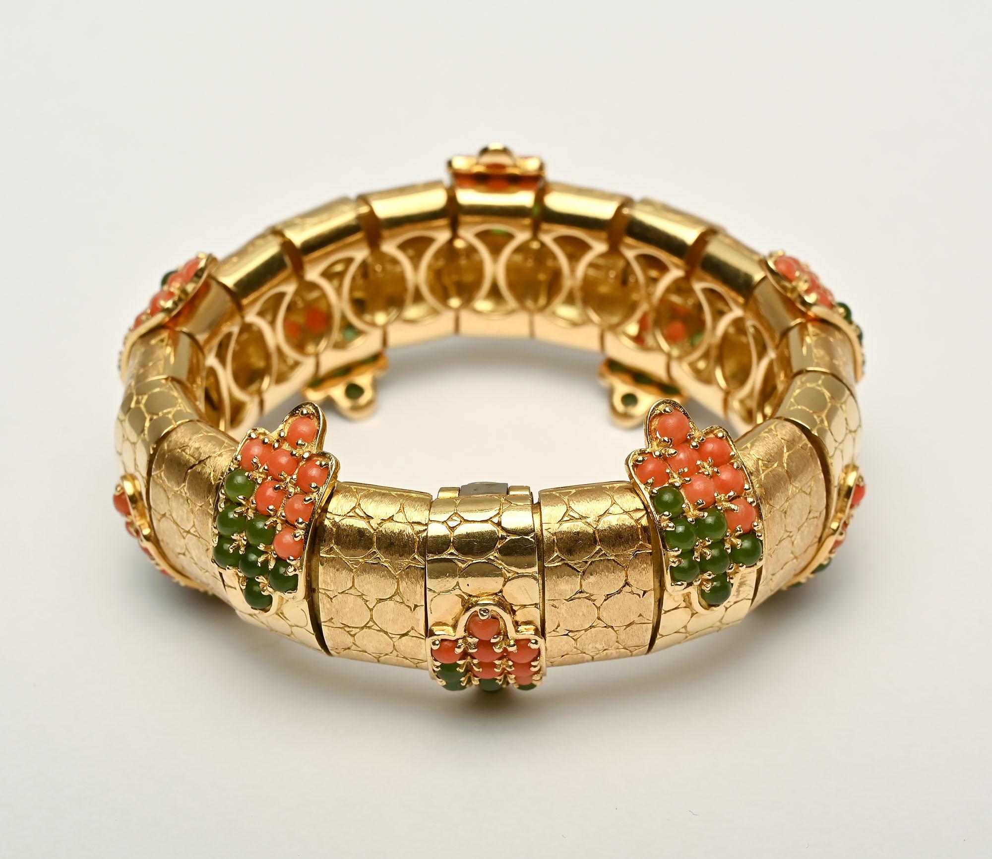 Women's or Men's Pomellato Gold Bracelet with Emeralds and Coral For Sale