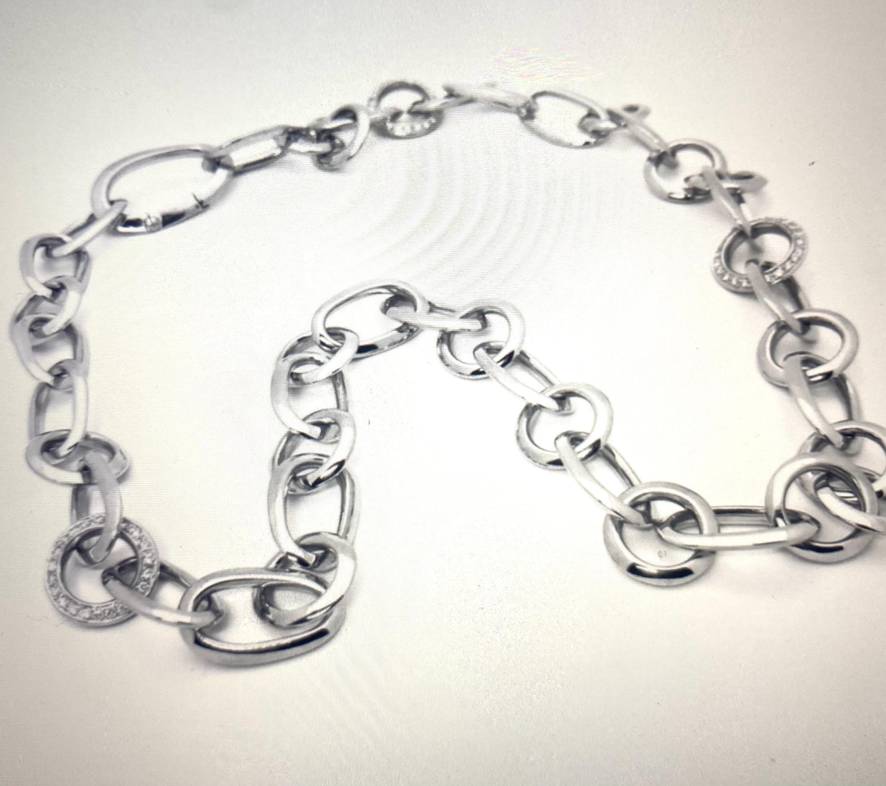 Round Cut Pomellato Heavy Link Chain with Diamond Pave Links 18K White Gold For Sale