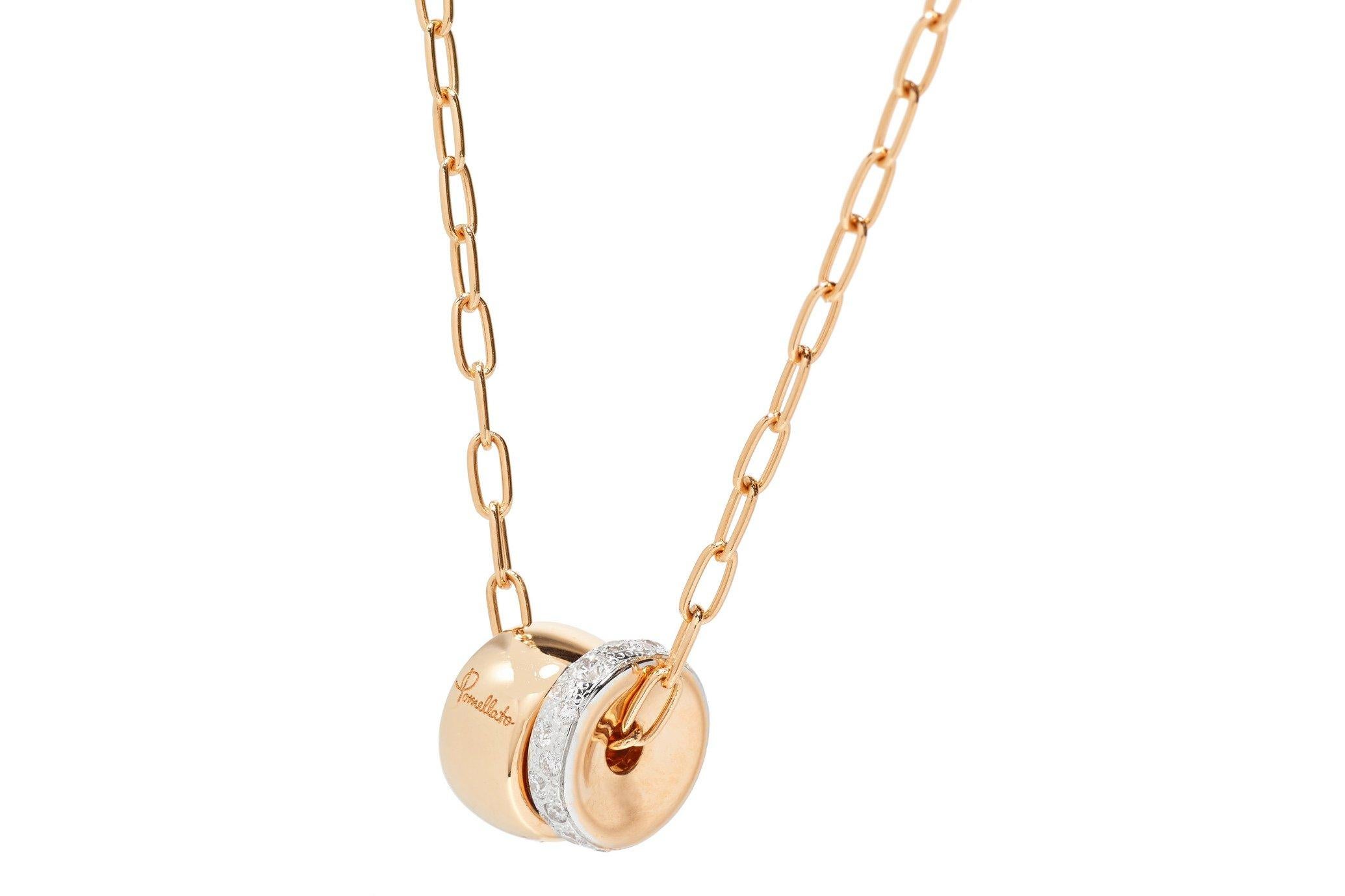 ICONICA PENDANT IN ROSE GOLD AND PAVE SET DIAMONDS 
Honoring Pomellato’s goldsmith heritage, ICONICA shines in bold pendants of sensual rose gold and white diamonds. Daring, lightweight and stackable, this anniversary collection may be