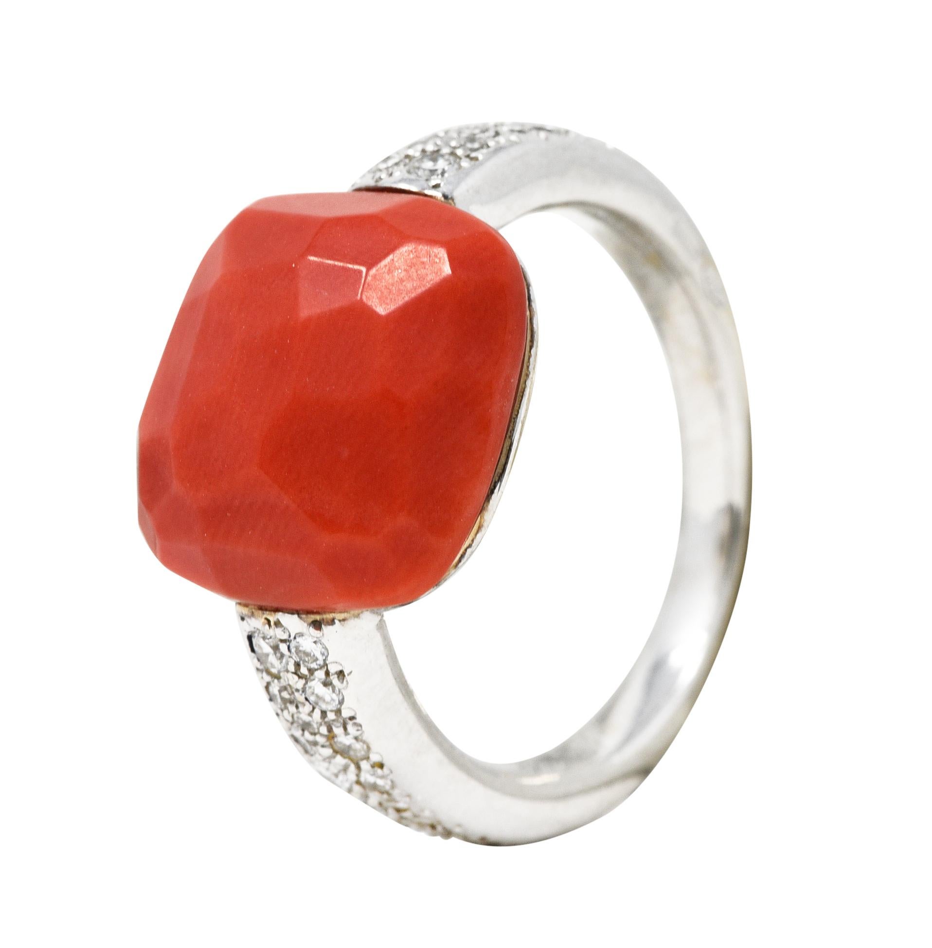 Pomellato Italian Coral Pave Diamond 18 Karat White Gold Capri Gemstone Ring 1